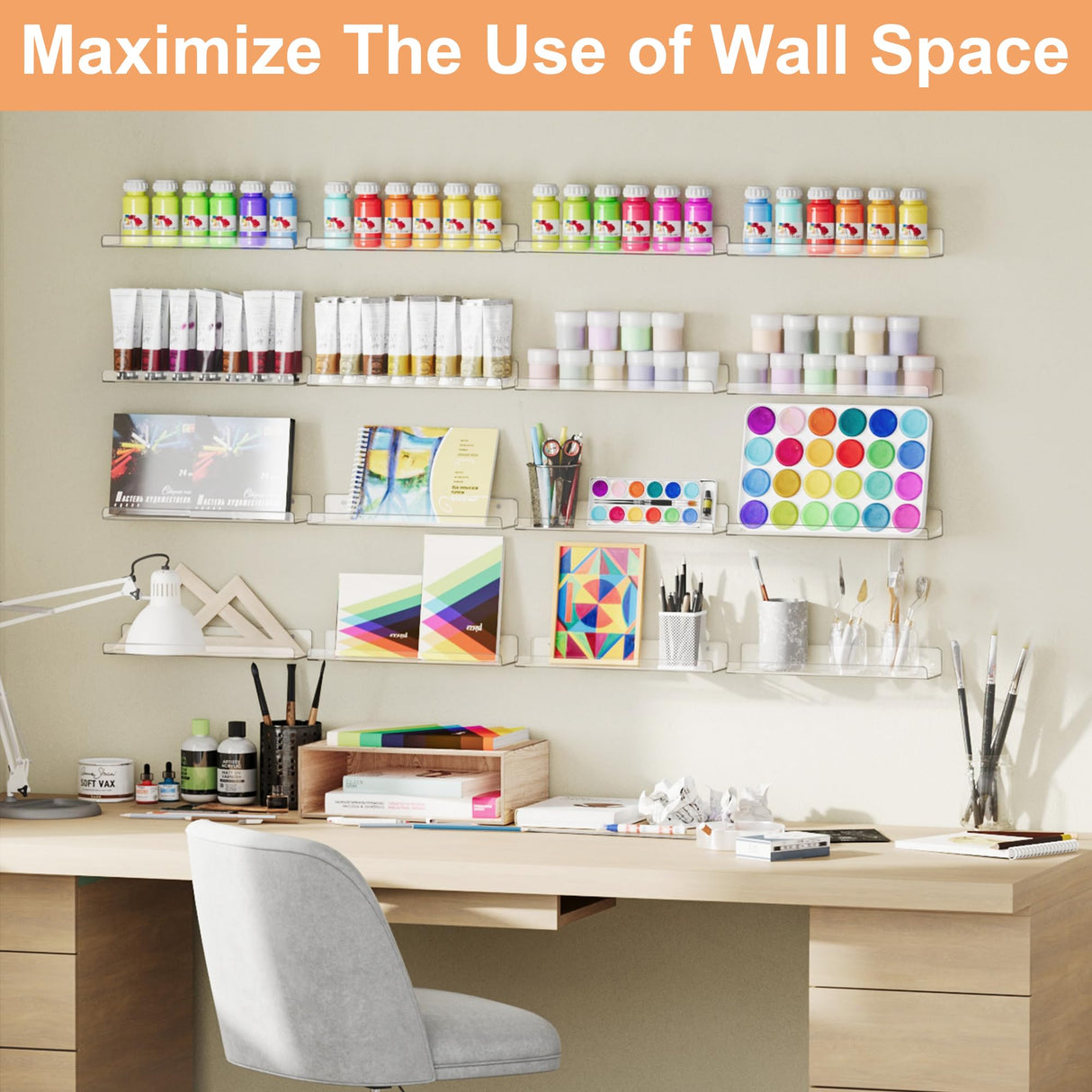 upsimples 16 Pack Acrylic Shelves for Wall Storage, 15" Floating Bookshelves for Kids, Display Shelf Organizer for Bathroom, Bedroom, Living Room, Kitchen, Room Decor, Clear upsimples