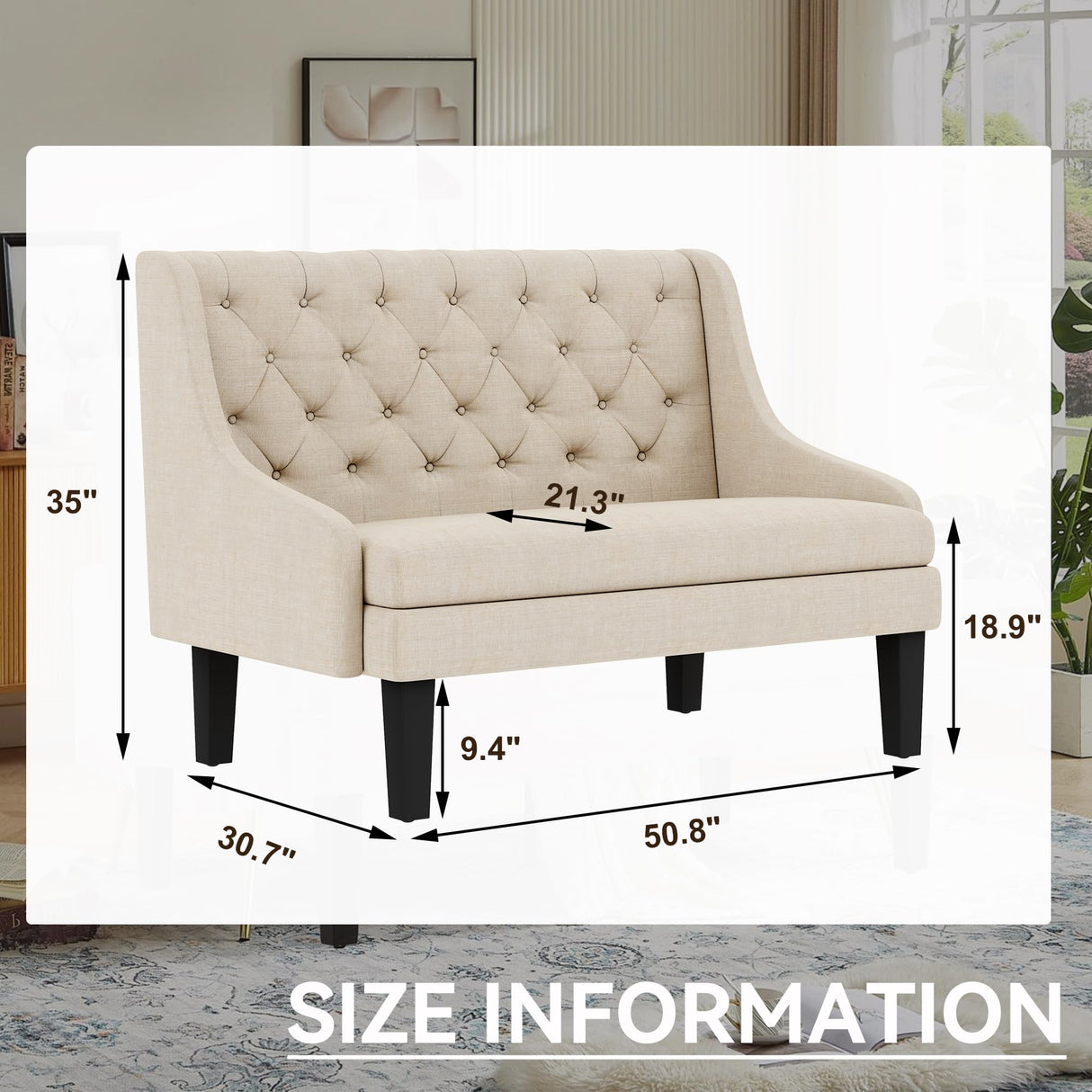Yongqiang Settee Bench with Back Mini Couch for Dining Room Living Room Entryway Modern Upholstered Banquette Button Tufted Loveseat Sofa with Wood Legs Cream Yongqiang
