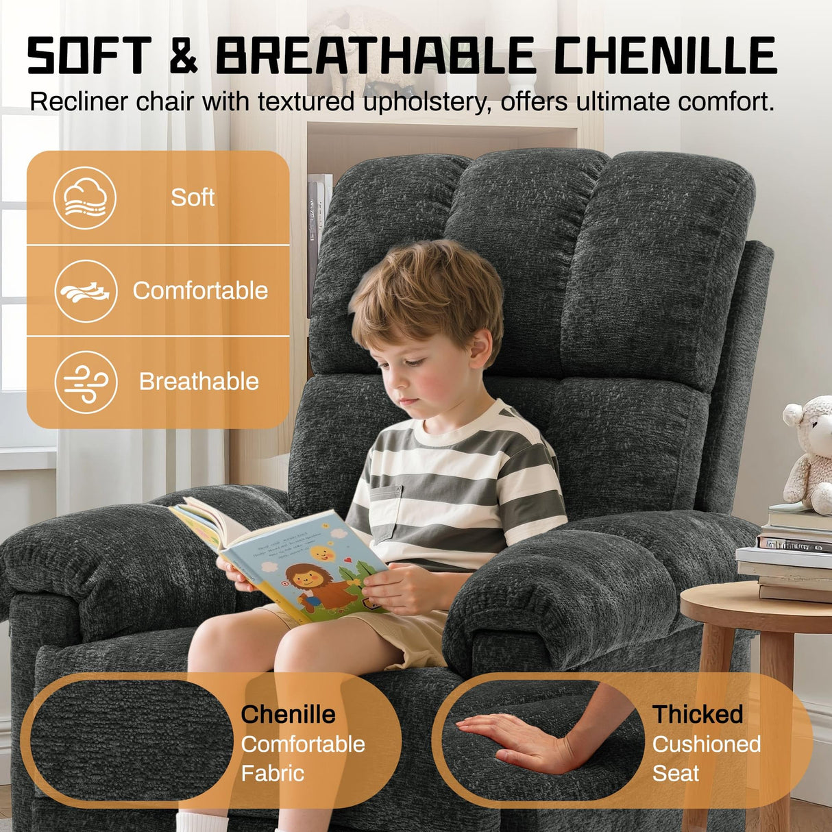 Korser Recliner Chair, Swivel Rocker Recliner Chair for Adults, Small Recliners for Small Spaces, Upholstered Manual Recliner with Side Pockets, Nursery Rocking Chair for Living Room, Chenille, Black Korser