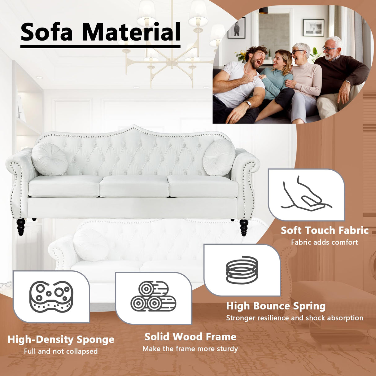 AVZEAR 82" Three Seater Sofa, Chesterfield Sofa, Mid-Century Modern Velvet Upholstered Sofa, Deep Button Tufted Living Room Sofa with Two Throw Pillows, White AVZEAR