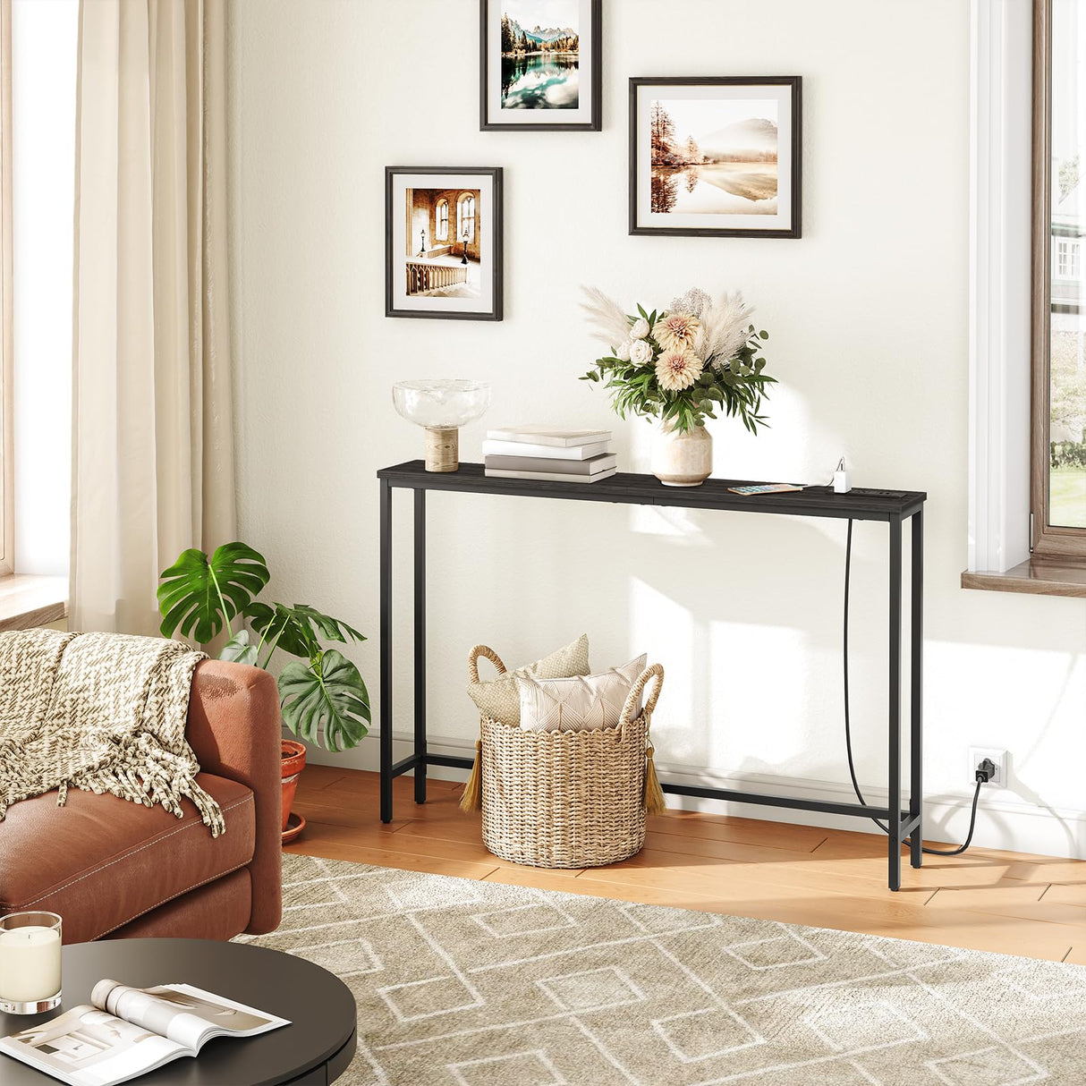 HOOBRO 47.2" Skinny Console Table with Power Outlets, 5.9" Behind Couch Table with Charging Station, Narrow Sofa Table, Long and Thin Table for Entryway, Living Room, Black BB15XG01G1 HOOBRO