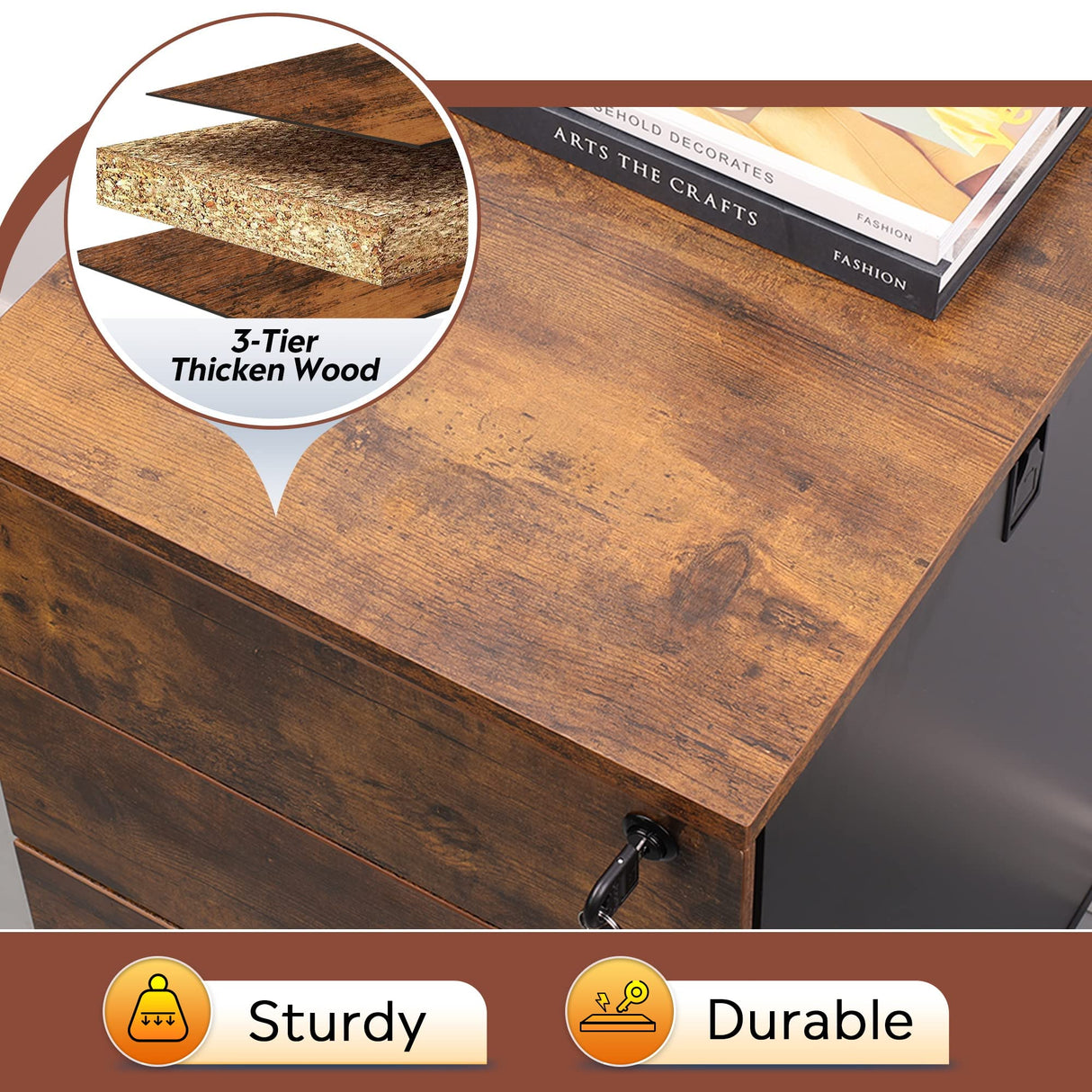 DEVAISE 3 Drawer Rolling File Cabinet with Lock, Wood Under Desk Filing Cabinet fits Letter/Legal/A4 Size for Home Office, Rustic Brown DEVAISE