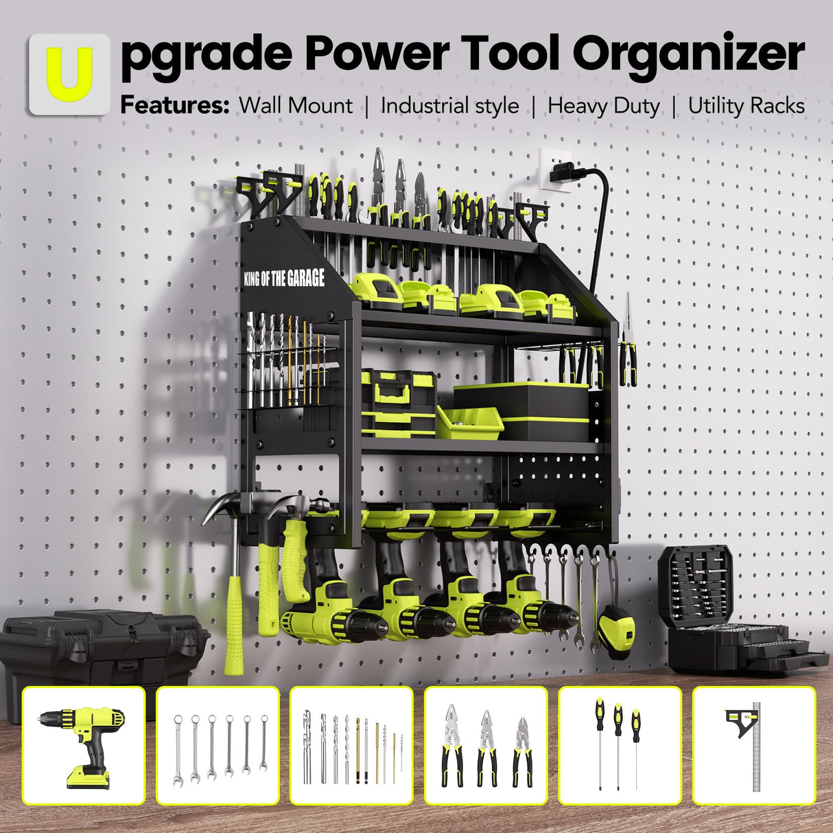 YFFSRJDJ Power Tool Organizer Wall Mount with Charging Station – King of the Garage, 4 Drill Holders, Heavy Duty Cordless Tool Rack with 4-Outlet Power Strip, Gifts for Him, Birthday Gifts for Men YFFSRJDJ
