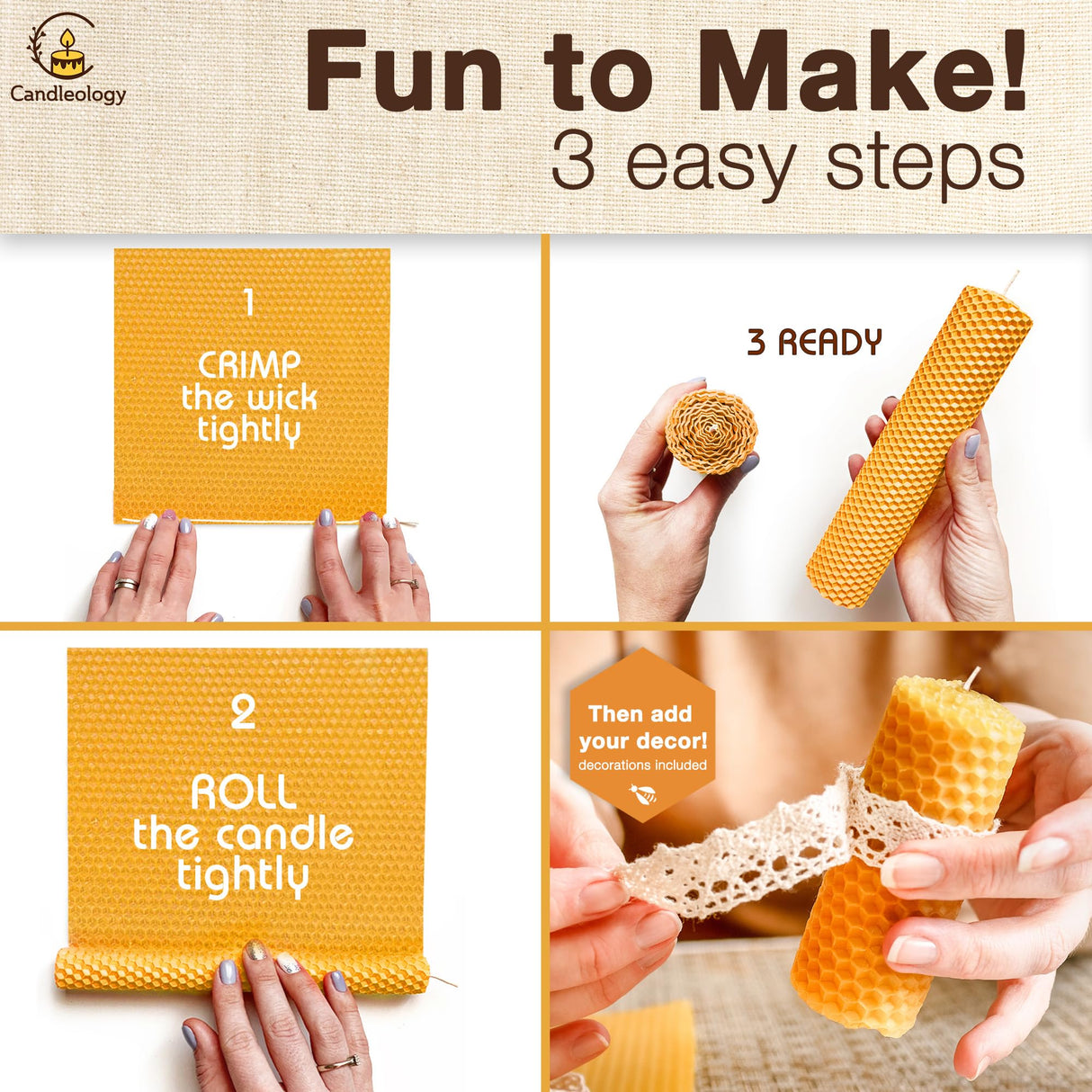 Beeswax DIY Candle Making Kit - Natural Candle Rolling Kit for Beginners with 7 Beeswax Sheets & Multiple Decorations to Make Candles Candleology