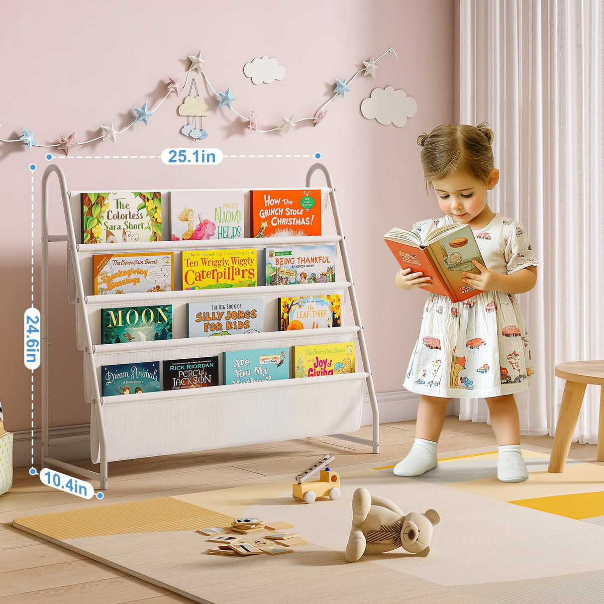 Tatub Kids Bookshelf with 4 Tier Deep Sleeves, Children Montessori Bookshelf Sling Storage Book Rock, Toddler Front Facing Display Book Shelf for Playroom Nursery Bedroom Classroom Tatub