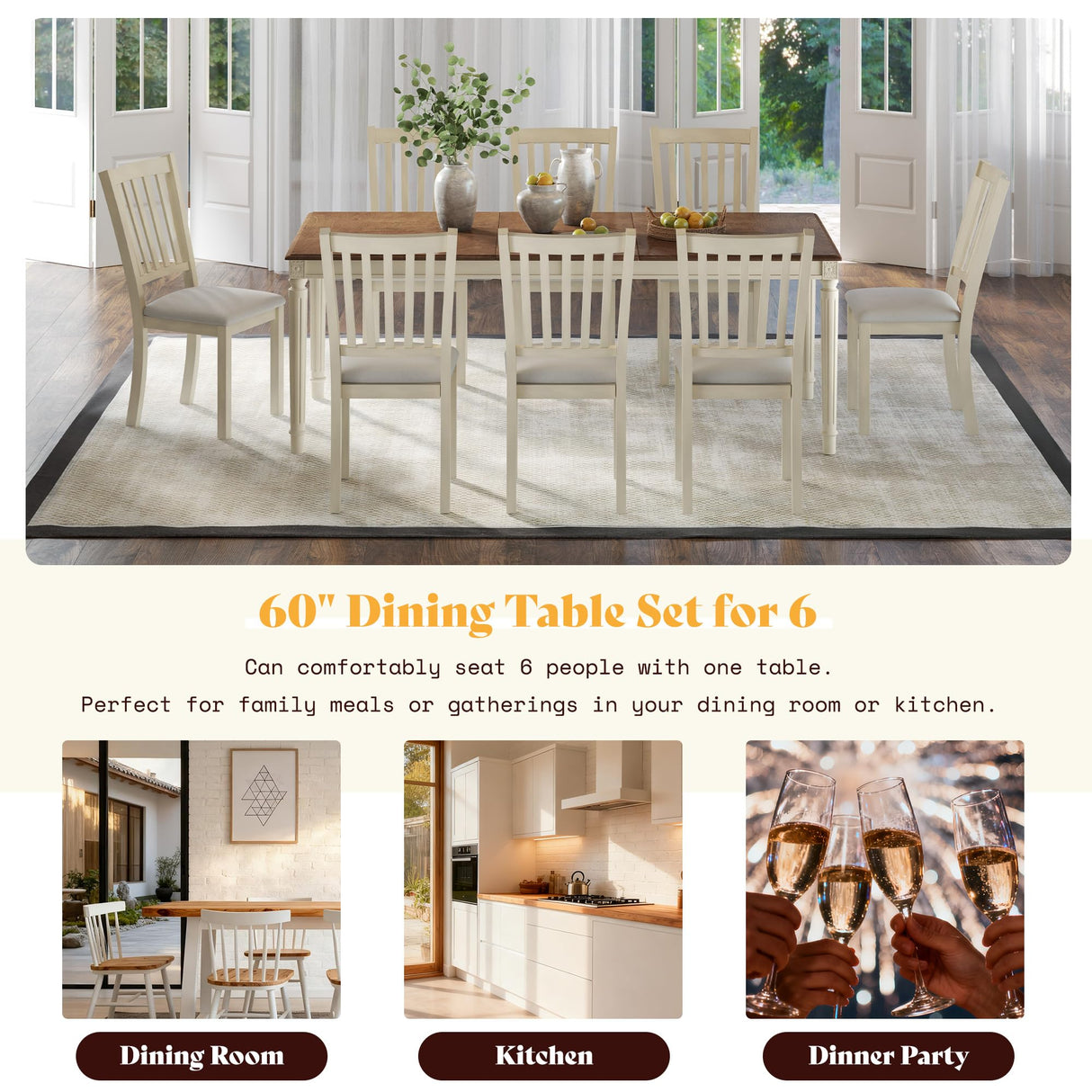AMERLIFE 9-Piece Farmhouse Solid Wood Dining Table Set with 8 Upholstered Chairs, Roman Conical Legs, Seats up to 8, 79'' Dining Table & Chairs Set for Kitchen and Dining Room, Brown & White AMERLIFE