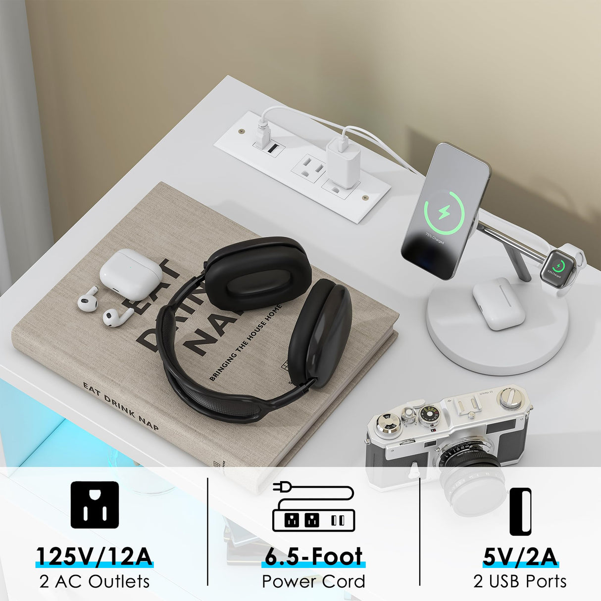 OTUTUMUS 4 Drawer Dresser for Bedroom with Charging Station & LED Light, Wood Tall Dresser with Storage Cabinet, Chest of Drawers with Open Compartments for Living Room, Closet, Hallway (White) OTUTUMUS