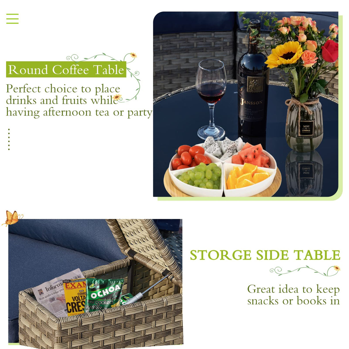 AVAWING Outdoor Sectional Furniture with 2 Storage Side Armrests, 7 Piece Half Moon Patio Set with Tempered Glass Round Coffee Table, All-Weather Gray Wicker, Waterproof Cushions (Blue) AVAWING