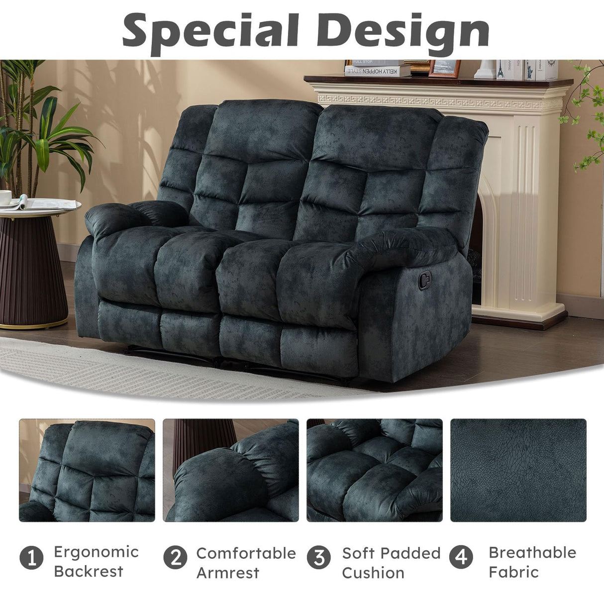 EBELLO Loveseat Recliner Sofa for Living Room, Extra Wide Modern Overstuffed 2 Seat Reclining Manual Sofa Chair, Breathable Fabric and Padded Cushion, Green Grey EBELLO