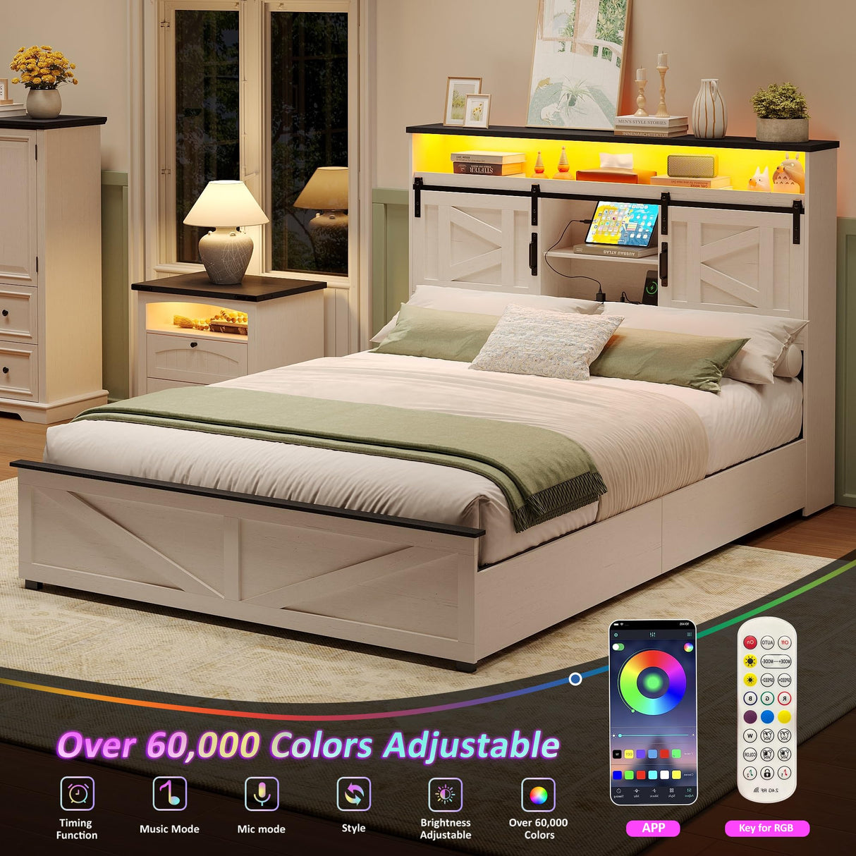 Maupvit Farmhouse Queen Size Bed Frame with 4 Drawers and Bookcase Headboard, Sliding Barn Door Storage Shelves, Charging Station,LED Light Metal Platform Bed Frame No Box Spring Needed, White Door K Maupvit