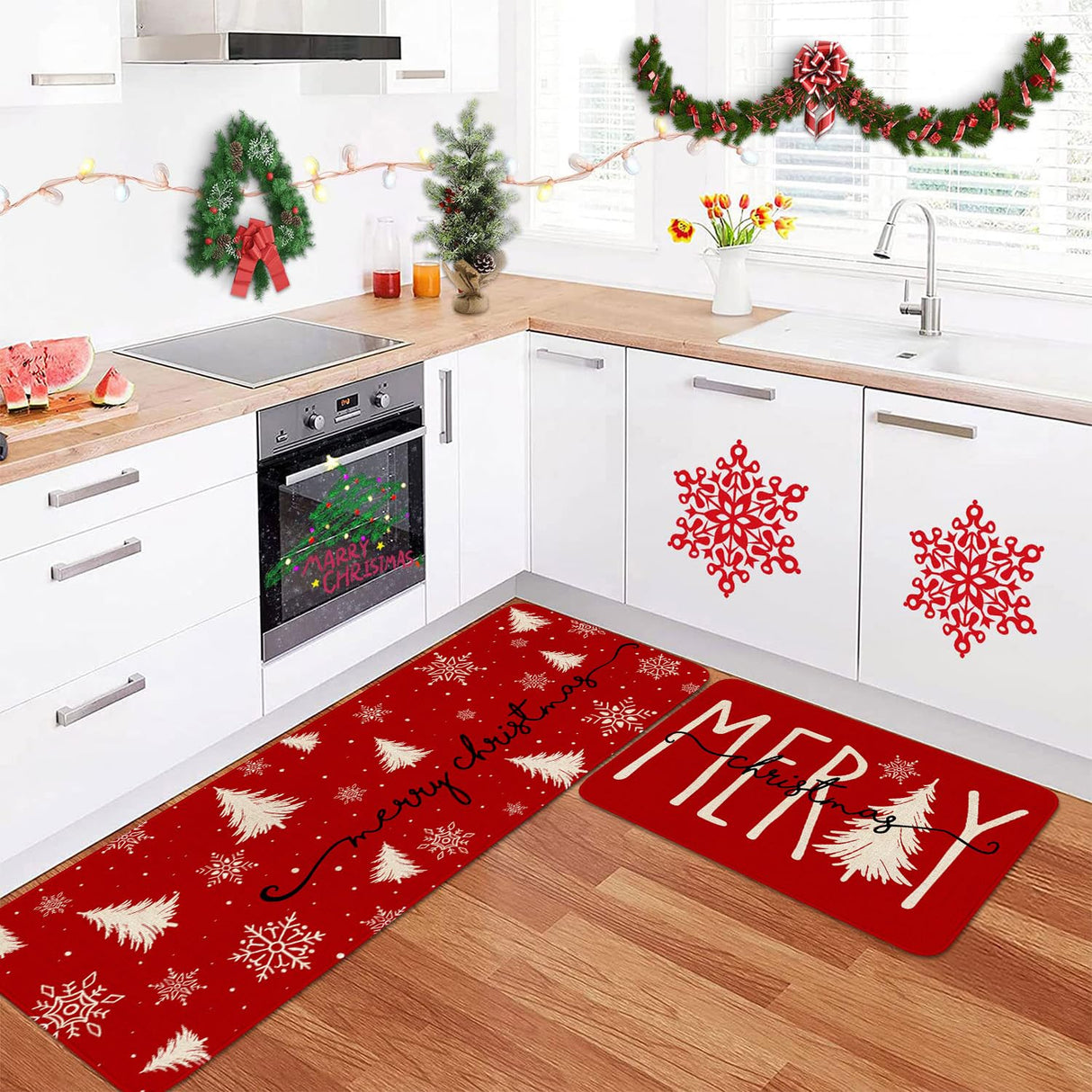 Eikunn Red Christmas Kitchen Rugs Set of 2 Xmas Trees Snowflake Kitchen Mat for Floor Winter Holiday Non-Slip Kitchen Sink Mats Kitchen Decor Doormat+Runner Rug Eikunn