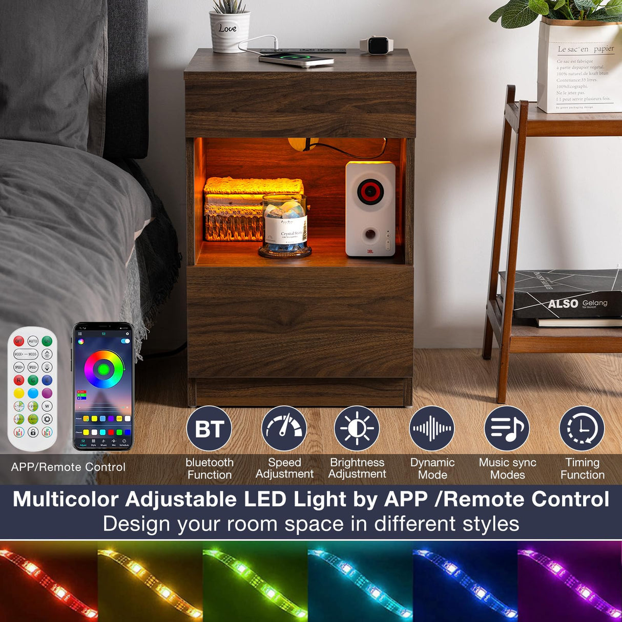 HOMMPA Set of 2 Open Shelf LED Nightstands with Charging Station Dark Walnut 2 Drawers Bedside Table with Led Light Smart Night Stand with Storage Wood Night Table Mid Century for Bedroom Furniture HOMMPA