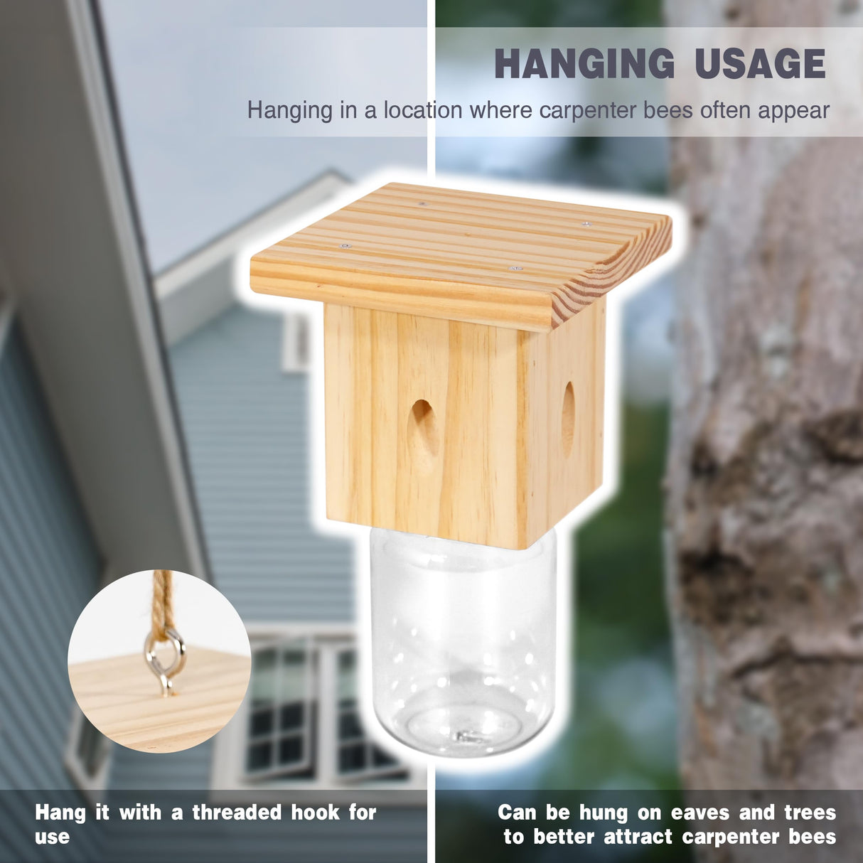 2 PCS Wood Carpenter Bee Trap for Outside - Best Bee Trap - Nature Hanging Carpenter Bee Traps Plastic Jar Outdoor - Insect Traps Best Bee Trap