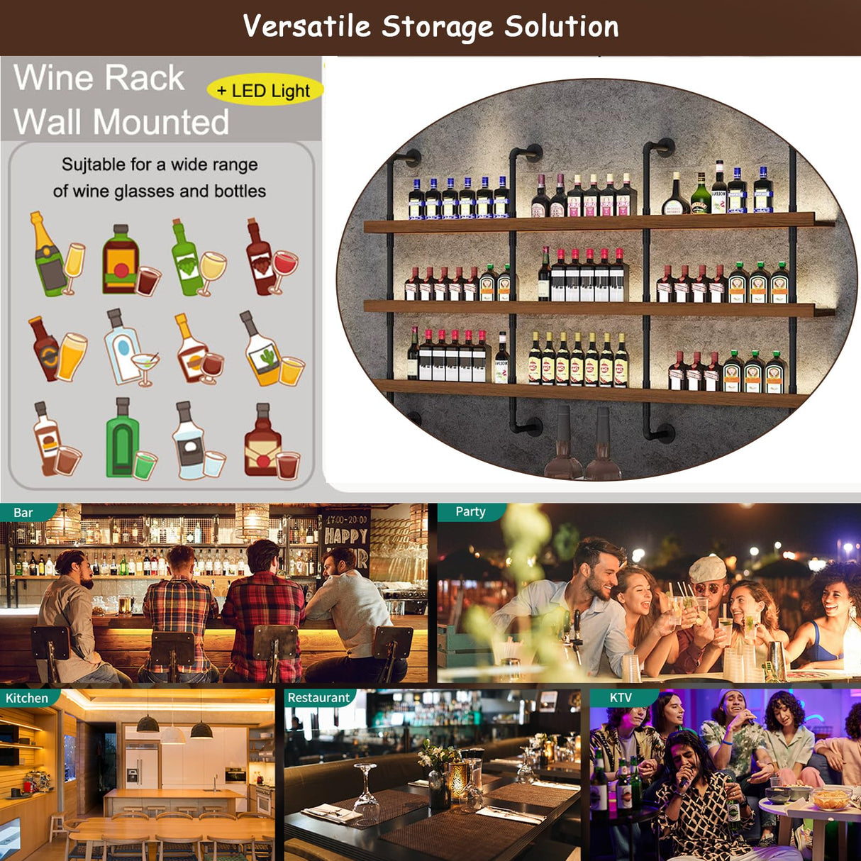 Dawselod 39.7in Large Wine Rack with LED Light Solid Wood Wall Mounted Wine Rack, 3-Tiers Liquor Bottles Floating Shelves Display Storage Organizer for Home Bar & Dining Room (100cm/39.7in) Dawselod