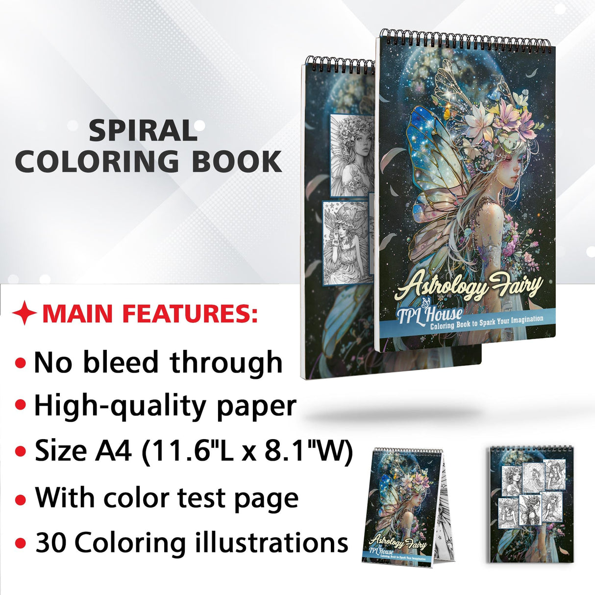 TPLHOUSE Astrology Fairy Coloring Book Spiral Bound for Adults and Teen Girls, Premium Cover, 30 Astrological Coloring Pages of Cosmic Fairies for Stress Relief and Relaxation TPLHOUSE