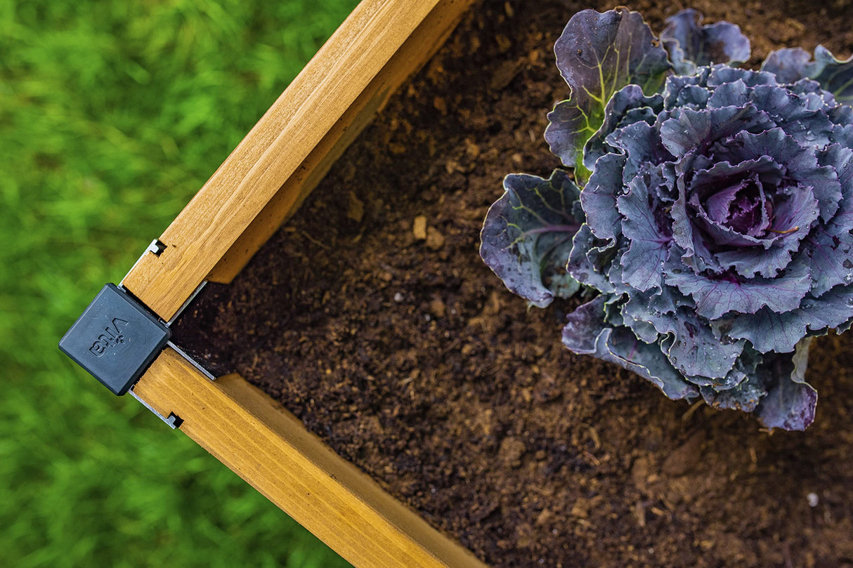 Vita Mezza 3 Foot x 5 Foot Keyhole Garden with Composting Basket, Golden Brown with Black Aluminum Posts, Cedar Wood, FSC, Pre-Stained, Outdoor, VT17702 Vita