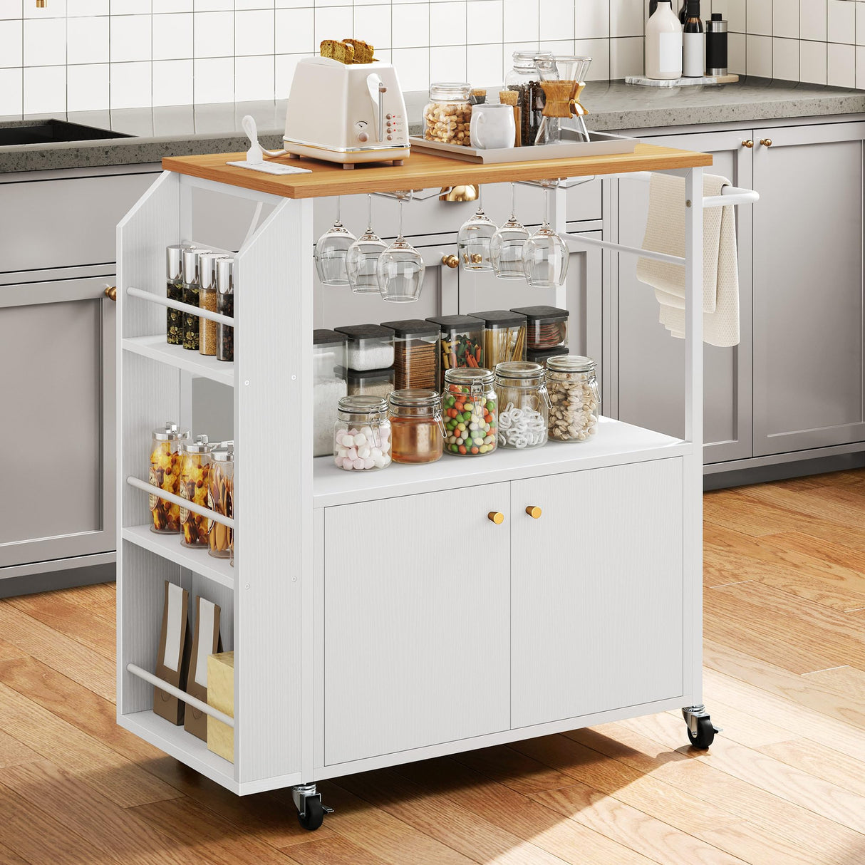 YITAHOME Kitchen Island Cart with Power Outlet, 33 Inch Mobile Kitchen Cart with Open Shelves, Rolling Portable Serving Utility Carts on Wheels with Storage for Kitchen, Dining Room, White YITAHOME