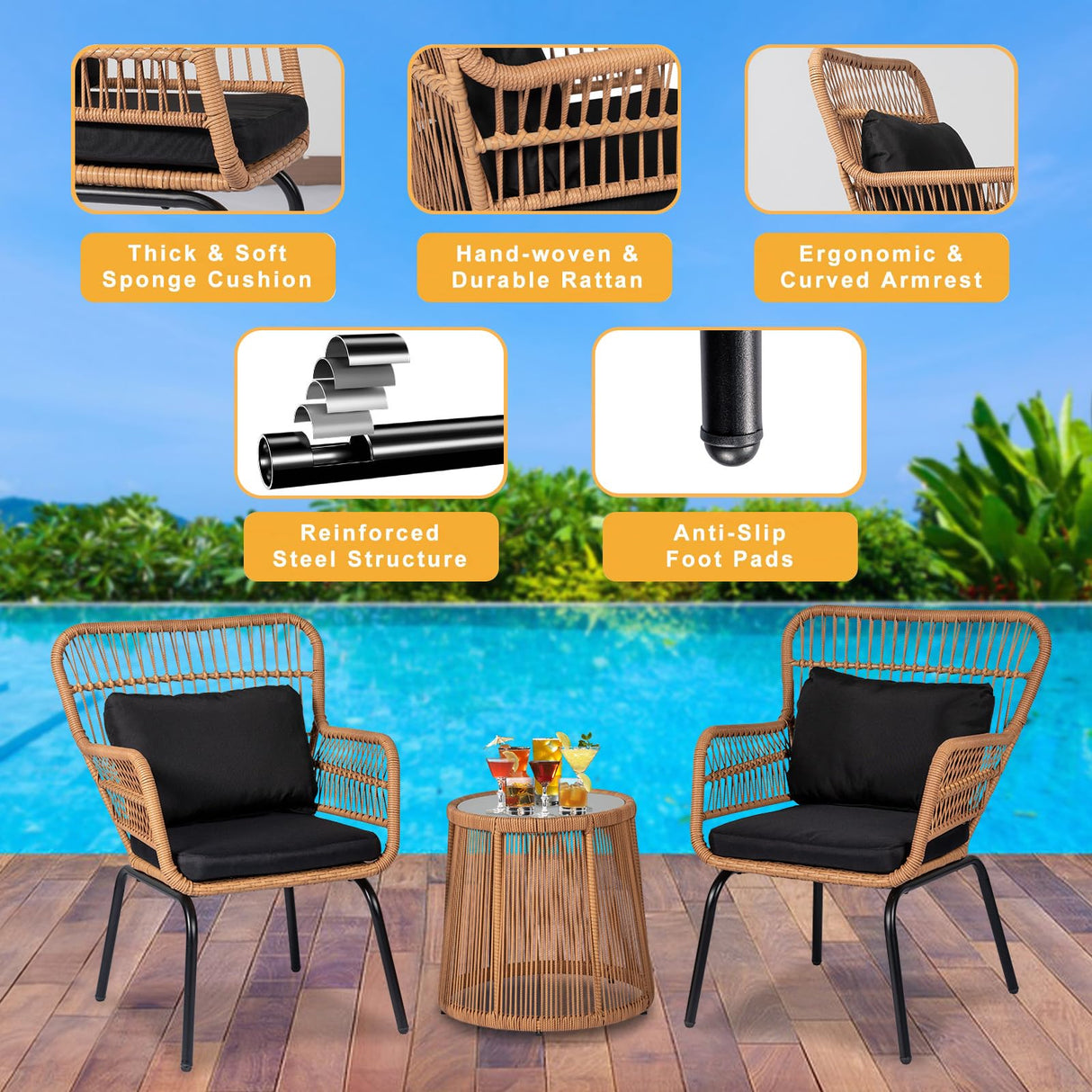 PROHIKER 3 Pieces Outdoor Wicker Bistro Patio Furniture Set, Porch Furniture Rattan Conversation Sets with Side Table and Cushions for Garden Poolside Backyard, Yellow/Black PROHIKER