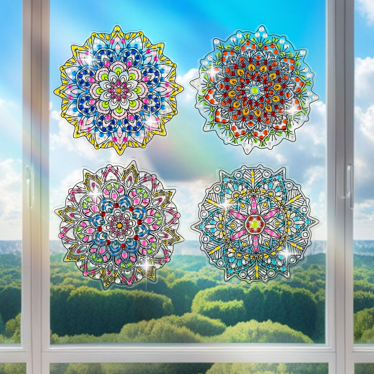 LINGFANG 4 Pcs Diamond Art Stained Glass Window Clings with Diamond DIY Pen Tools, Diamond Painting Window Stickers for Suncatchers, Diamond Art Kits for Adults, Diamond Art Accessories (Mandala 4) LINGFANG
