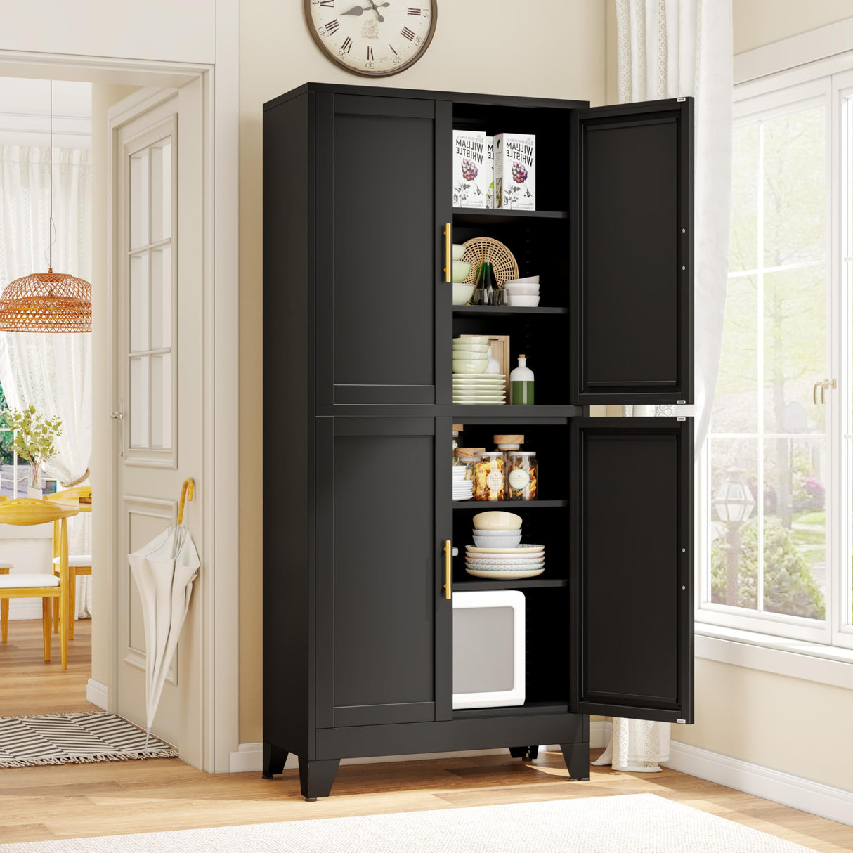 GAIOUS 75.2" Tall Metal Pantry Cabinet, Storage Cabinets with 4 Door and 4 Adjustable Shelves, Black Kitchen Pantry Storage Cabinet, Freestanding Cupboard for Kitchen Dining Room Living Room Bathroom GAIOUS