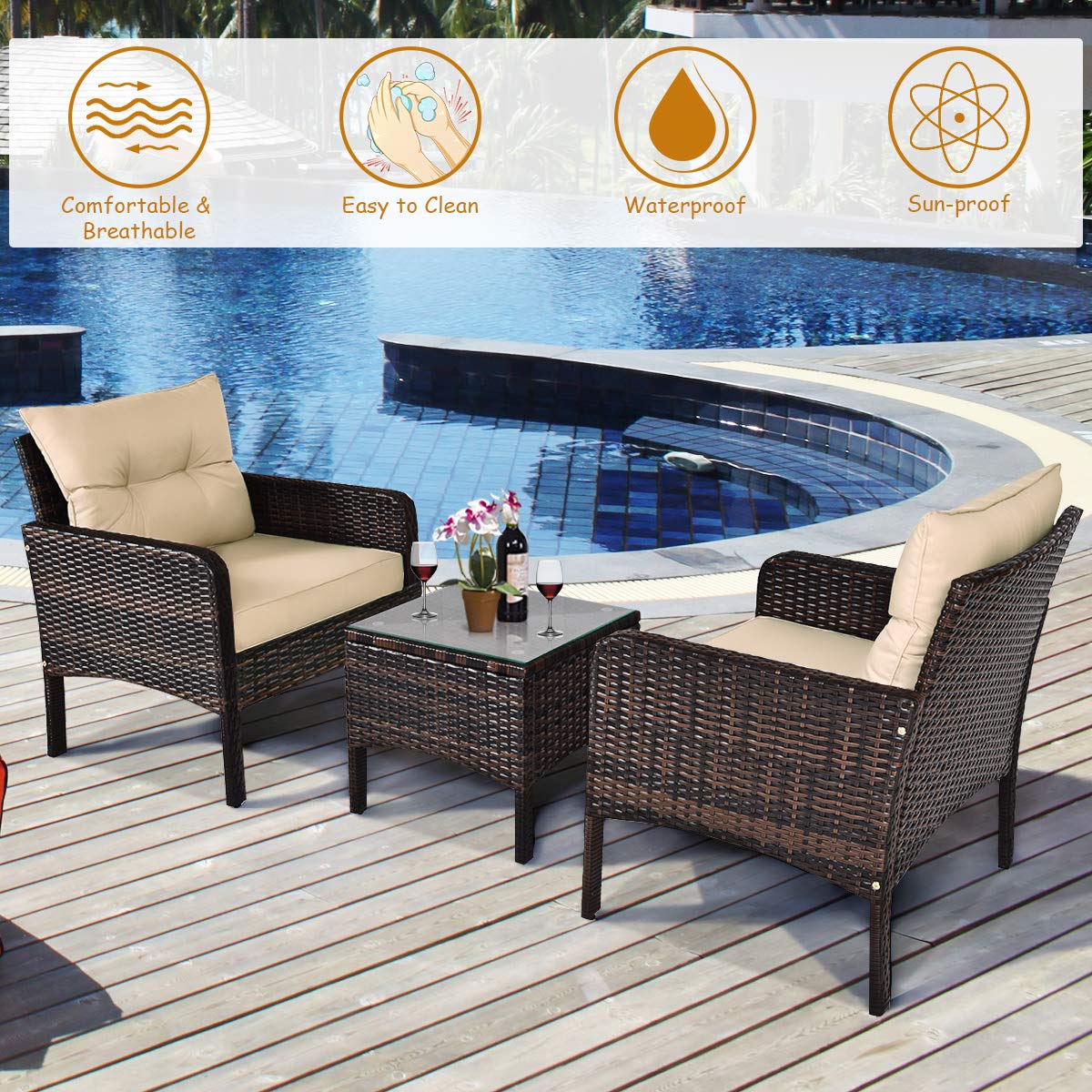 Tangkula 3 Piece Outdoor Patio Furniture Set for 2, Wicker Chairs with Glass Top Coffee Table, Thick Cushions, All Weather Garden Lawn Poolside Backyard Porch (Brown) Tangkula