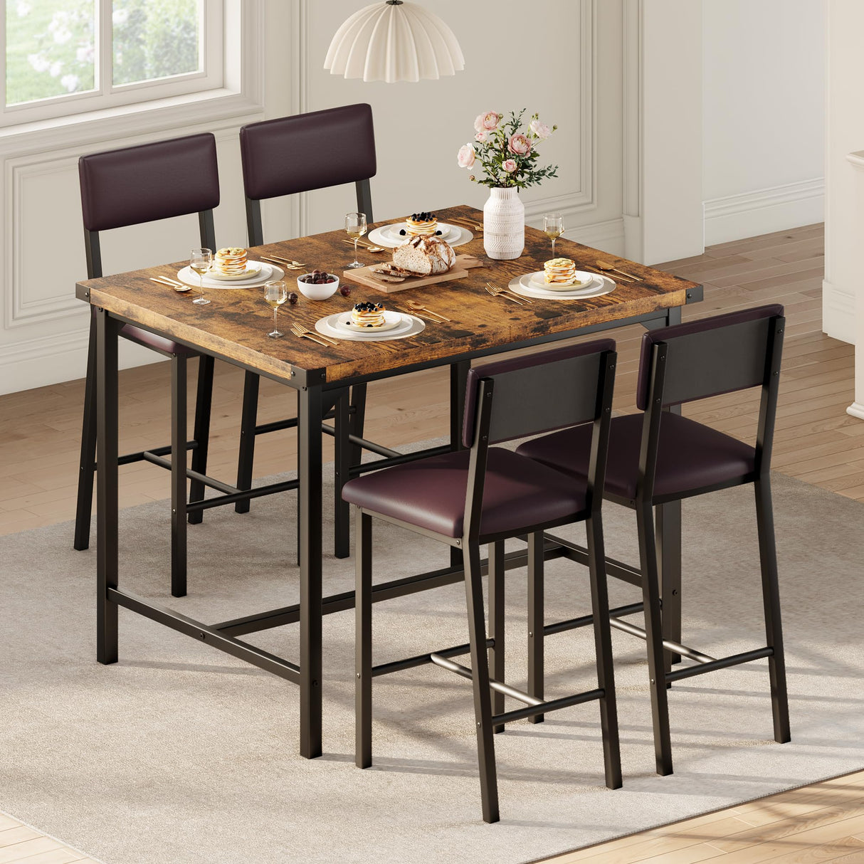 IDEALHOUSE Dining Table Set for 4 w/Footrest & Corner Protector, 5-Piece Kitchen Table Set with Counter Height Table & 4 Upholstered Bar Stools, for Kitchen Room, Apartment, Pub,Retro Brown IDEALHOUSE