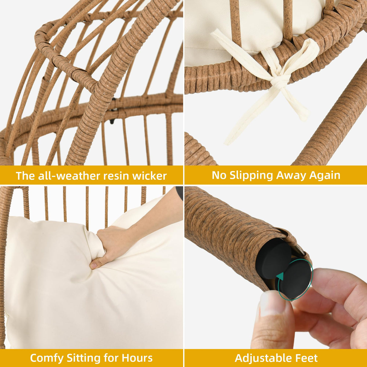 DWVO Narrow Egg Chair Wicker, Patio Rattan Basket Chair with 370lbs Capacity Outdoor Indoor Egg Chairs with Stand & Cushion Cocoon Chair for Bedroom, Patio, Balcony, Beige DWVO