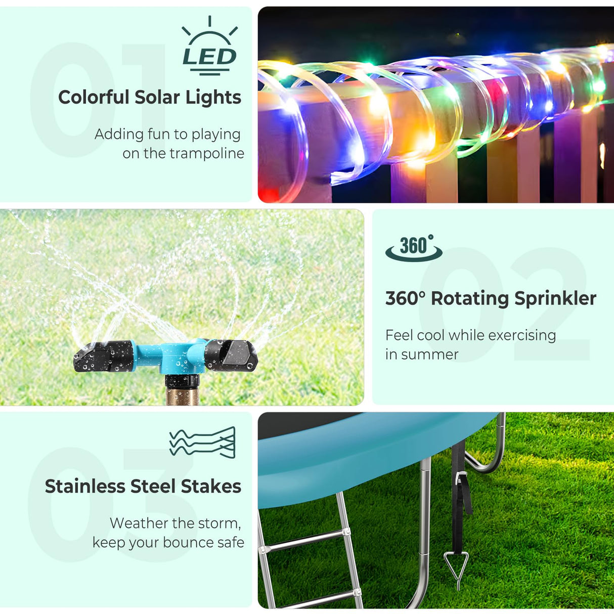 Lyromix Trampoline Accessories Kit, Trampoline Sprinkler, 50FT Solar Lights and Stakes, Non-Damaging to Net, Features 8 Light Modes, Compatible with 8 10 12 14 15 16FT Trampolin Lyromix