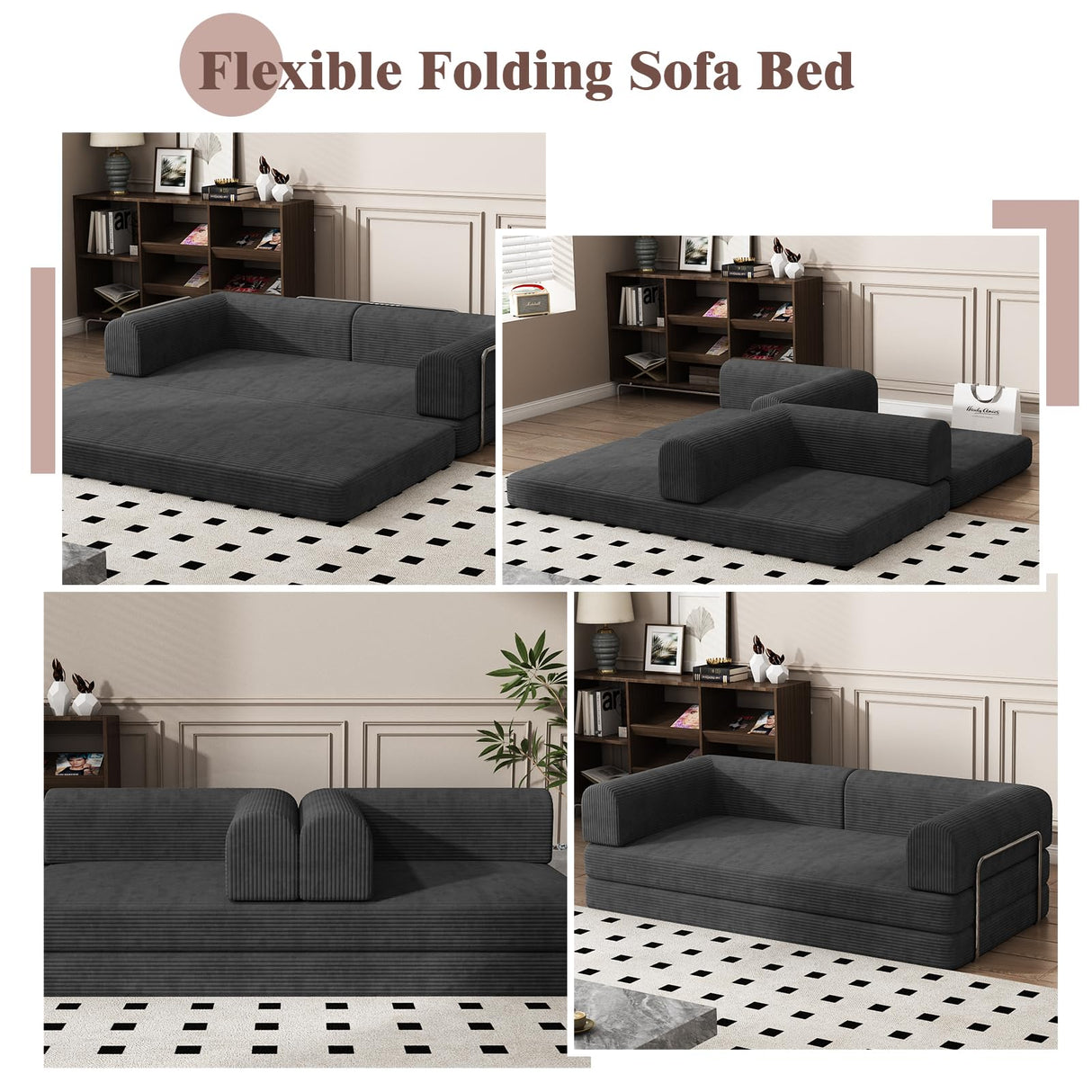 Convertible Corduroy Sleeper Sofa Bed,Folding Mattress Couch with Fixed-Shape Frame, 3 Seater Fold Out King Size Futon,No Assembly Floor Couch for Living Room Dorm Studio 78.7*39.4*29.6 Inch Black PeacefulHues