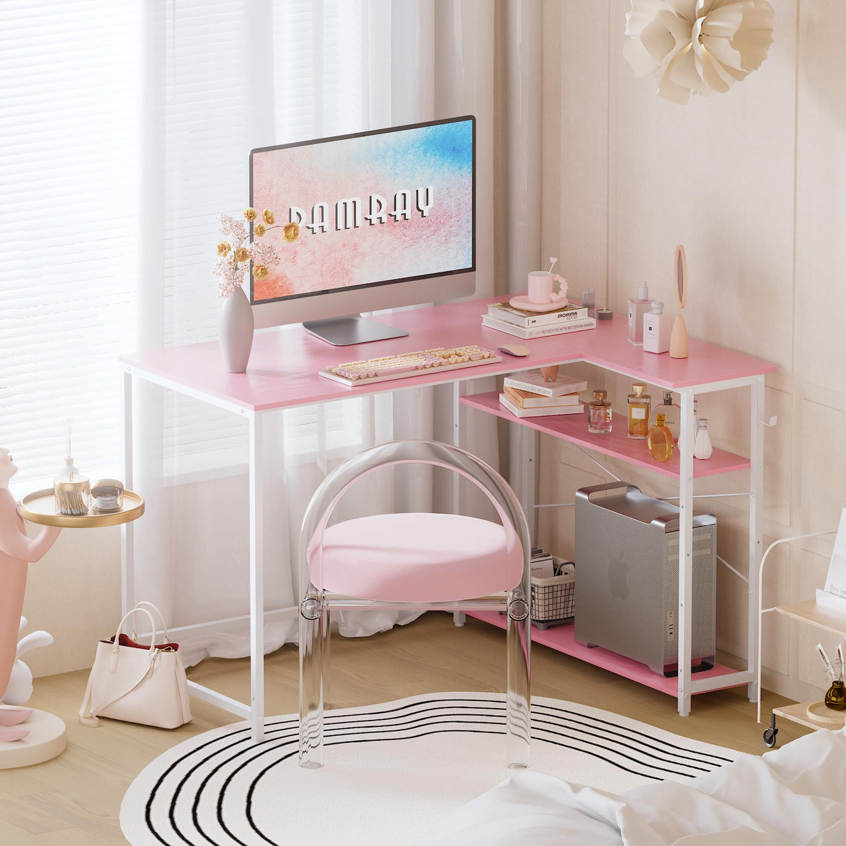 Pamray 43 Inch L Shaped Computer Desk with Reversible Side Storage Shelves, Small Corner Desk for Small Space Home Office,Writing Study Table PC Desk for Bedroom,Pink with White Leg Pamray