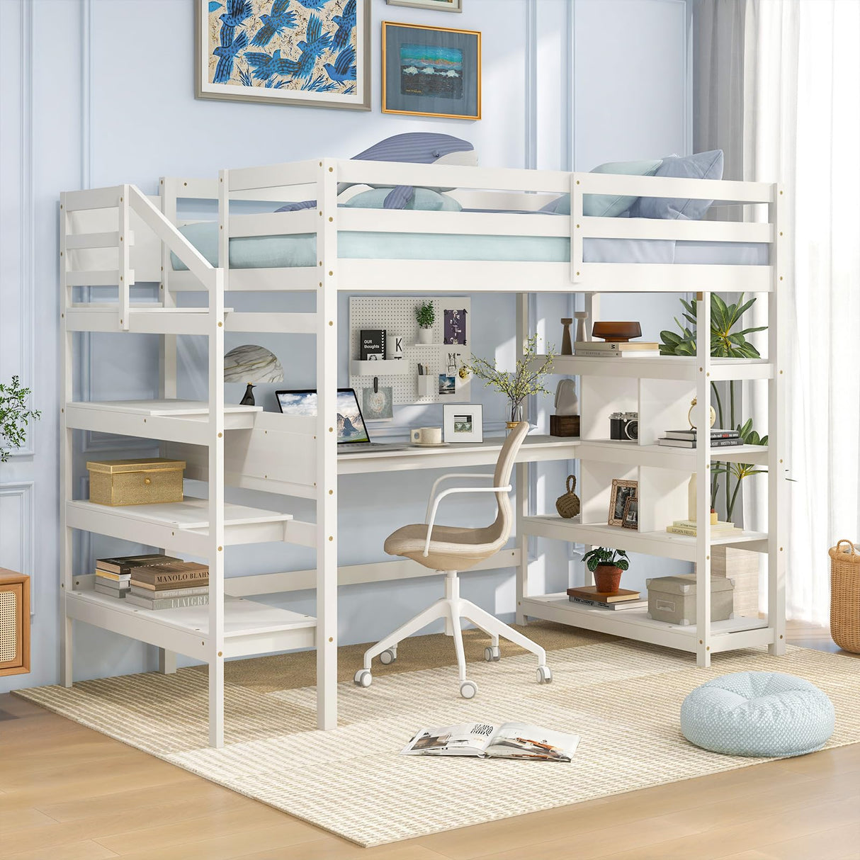 Giantex Twin Loft Bed with Desk & Storage Stairs - Solid Wood High Bed for Kids & Teens - White Giantex