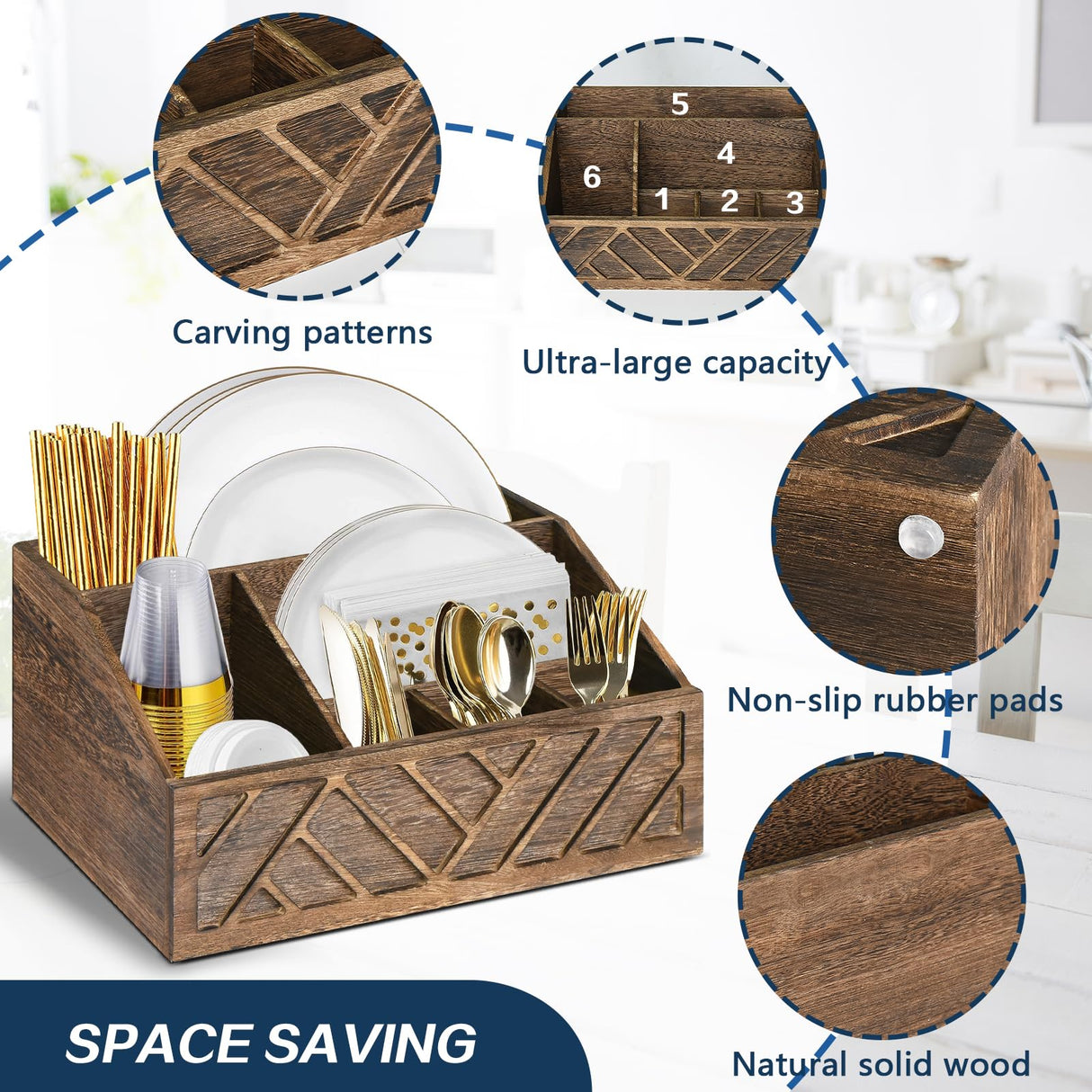 Paper Plate Dispenser, Paper Plate Holder for Kitchen Counter, Wood Rustic Silverware Utensil Caddy, Cutlery Flatware Organizer Box for Cups Spoons Forks Plates Napkins, Kitchen Accessories (Brown) Ukonvi