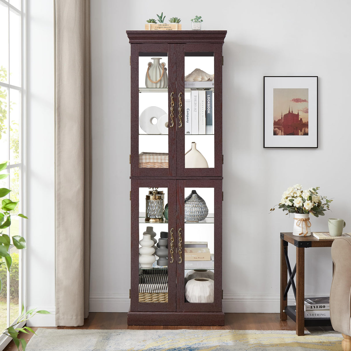 YiaFurio Lighted Display Cabinet Corner,Glass Curio Cabinet with Lights & Adjustable Shelves for Kitchen,Living Room,Office(Free Standing,Light Bulb Include) YiaFurio