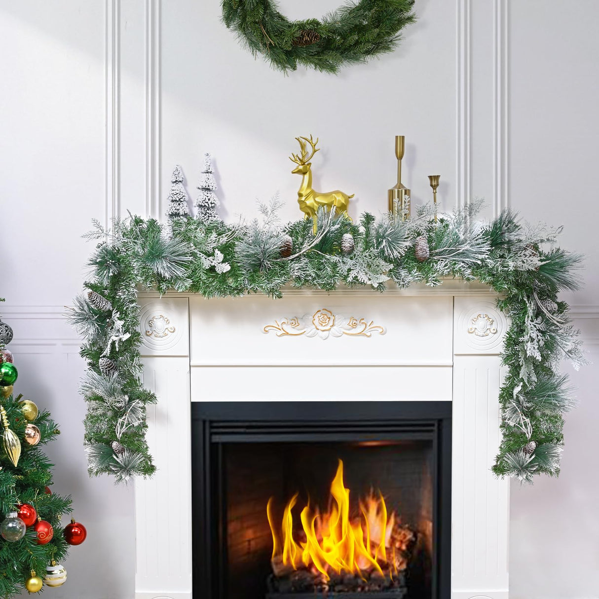 6 FT Christmas Garland with Lights, Artificial Flocked Pine Garland for Mantle, Lighted Garland Real Touch Norfolk Pine with Frost Leaves Pinecones for Indoor Outdoor Christmas Decorations Yastouay