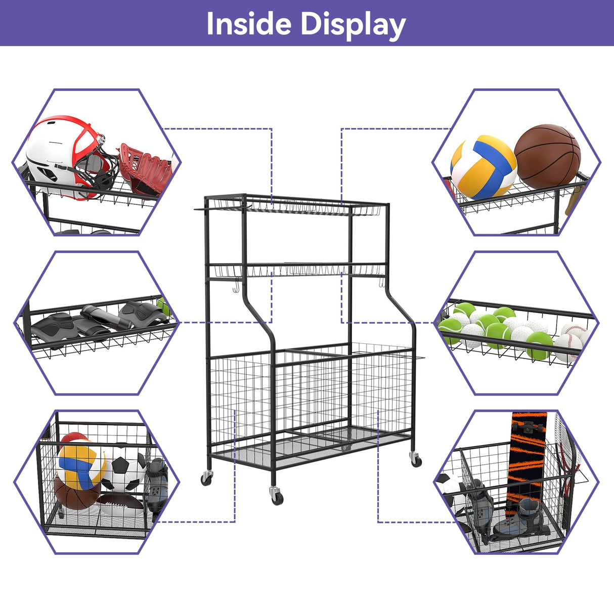 WALMANN Garage Ball and Sports Equipment Organizer, Ball Storage Rack Indoor/Outdoor Kids Ball/Toy Storage Organizer Bins, Rolling Ball Cart with Baskets WALMANN