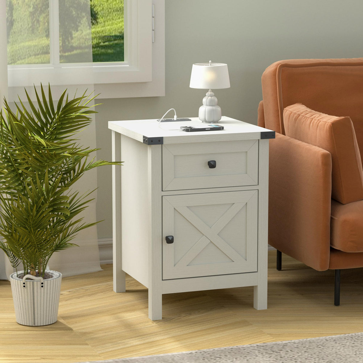 Farmhouse Nightstand with Charging Station, White Side Table, Rustic End Table with Barn Door and Drawer, Rustic Floating Nightstands Modern Bed Side Table Night Stand for Bedroom and Living Room HOSEOKA