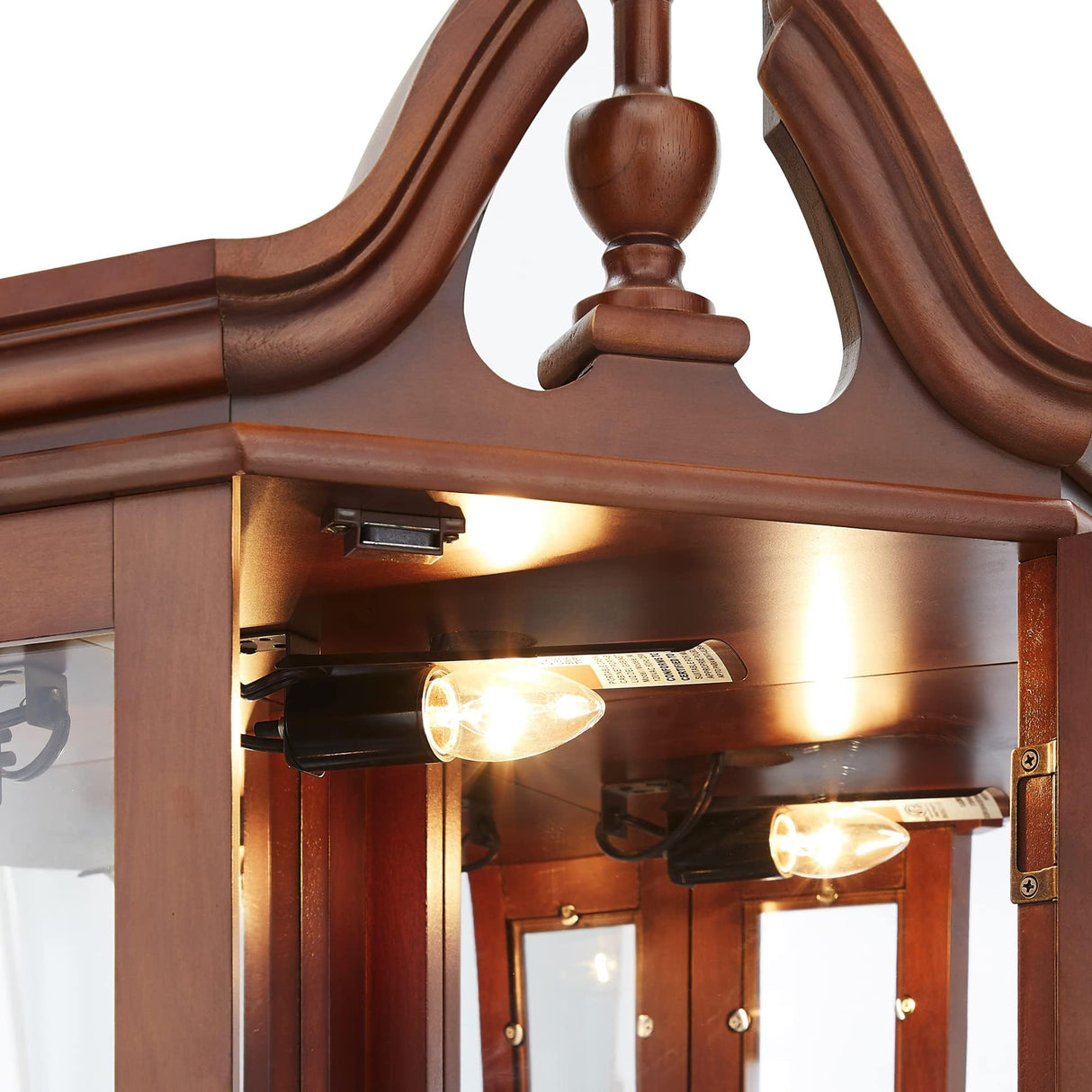 Royard Oaktree Lighted Curio Cabinet with Curved Top Finial, Wooden Corner Display Cabinet with Adjustable Tempered Glass Shelves, Retro Storage Cabinet with Mirrored Back & Tempered Glass Doors Royard Oaktree