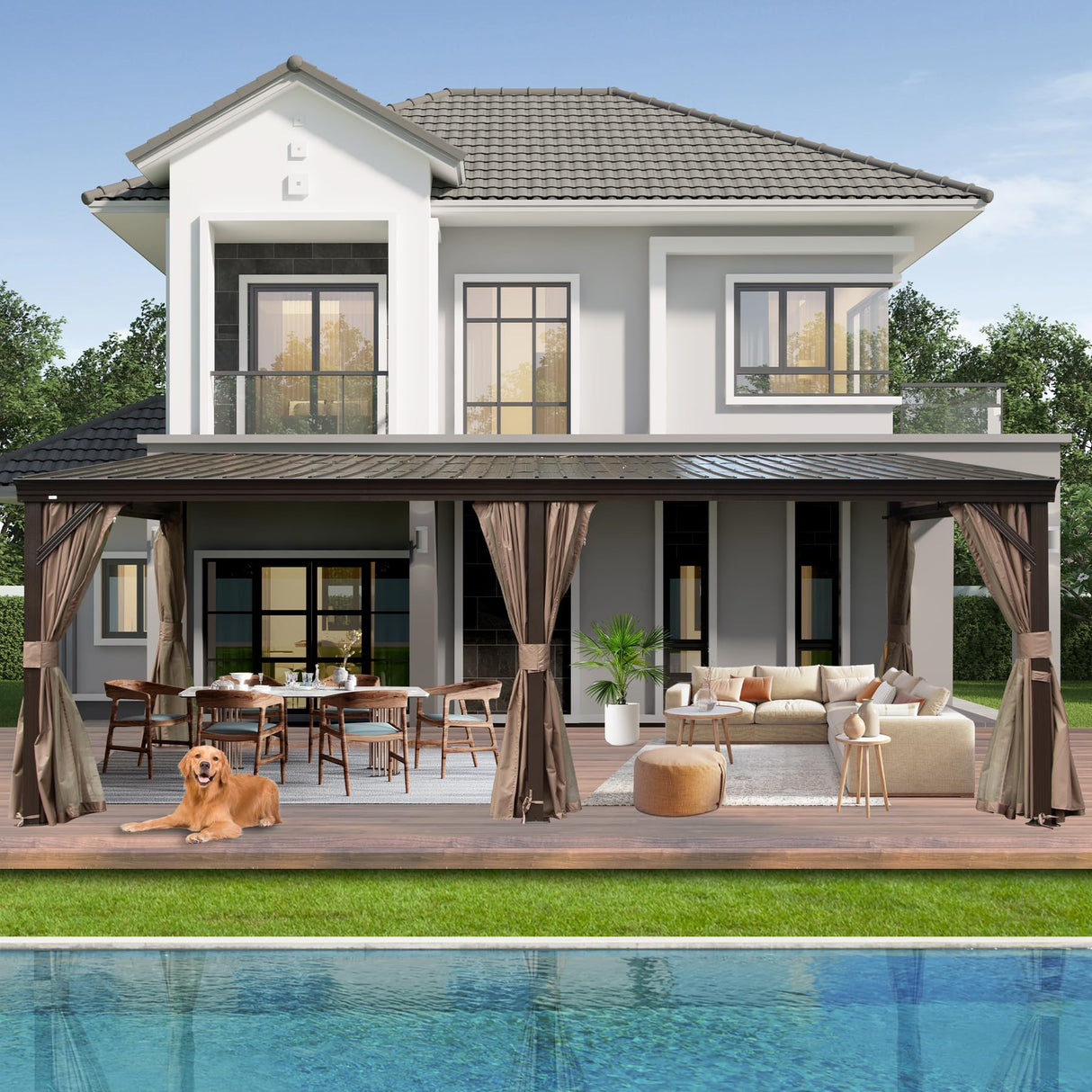 SHPAI 12’ x 20’ Lean to Gazebo, Outdoor Wall Mounted Gazebo Aluminum Frame, Hardtop Pergola with Galvanized Steel Sloping Roof for Patio Deck Garden Backyard, Curtain and Netting Included SHPAI