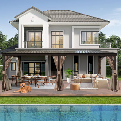 SHPAI 12’ x 20’ Lean to Gazebo, Outdoor Wall Mounted Gazebo Aluminum Frame, Hardtop Pergola with Galvanized Steel Sloping Roof for Patio Deck Garden Backyard, Curtain and Netting Included