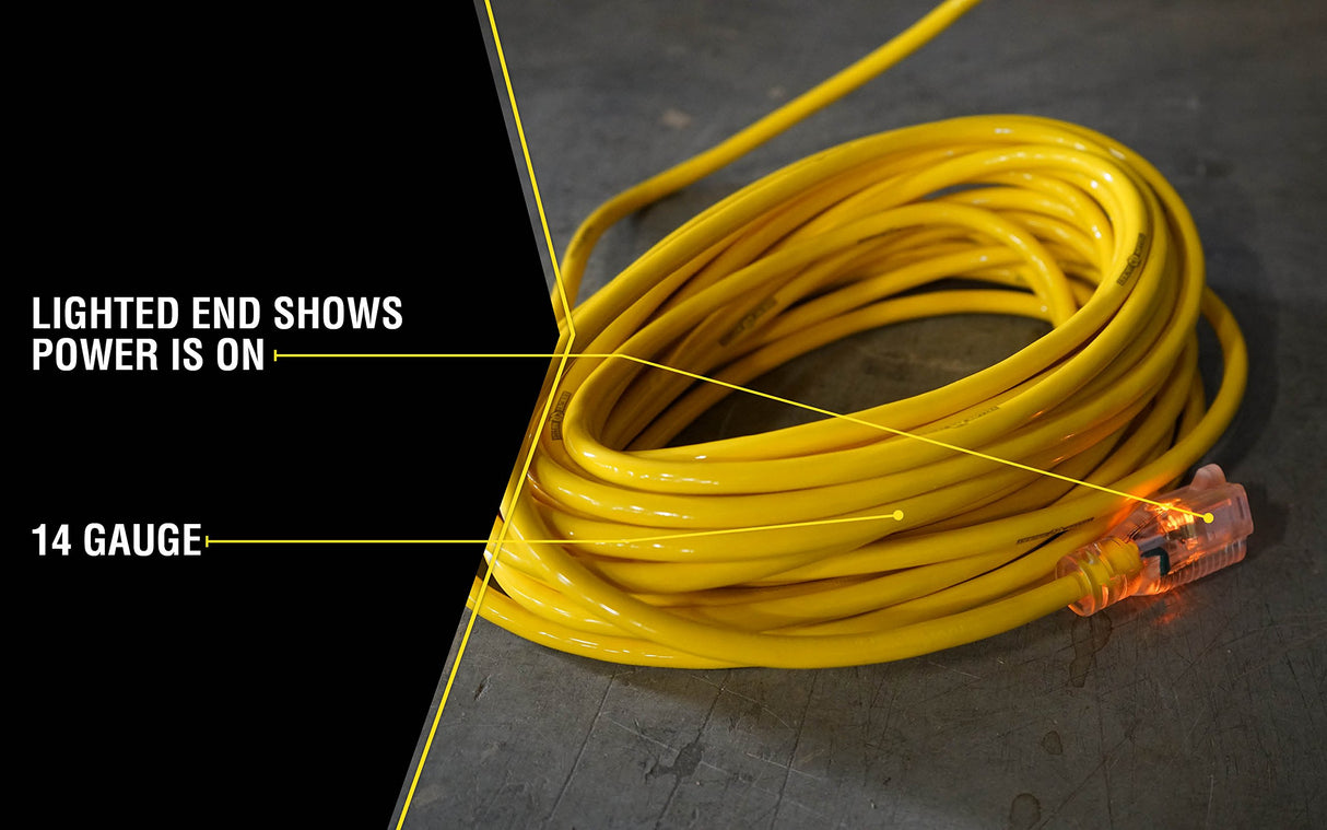 Yellow Jacket Medium Duty Extension Cord, 50Ft, 14 Gauge, 3 Conductor, Lighted End, Weather Resistant, SJTW, Yellow, 2887 Yellow Jacket