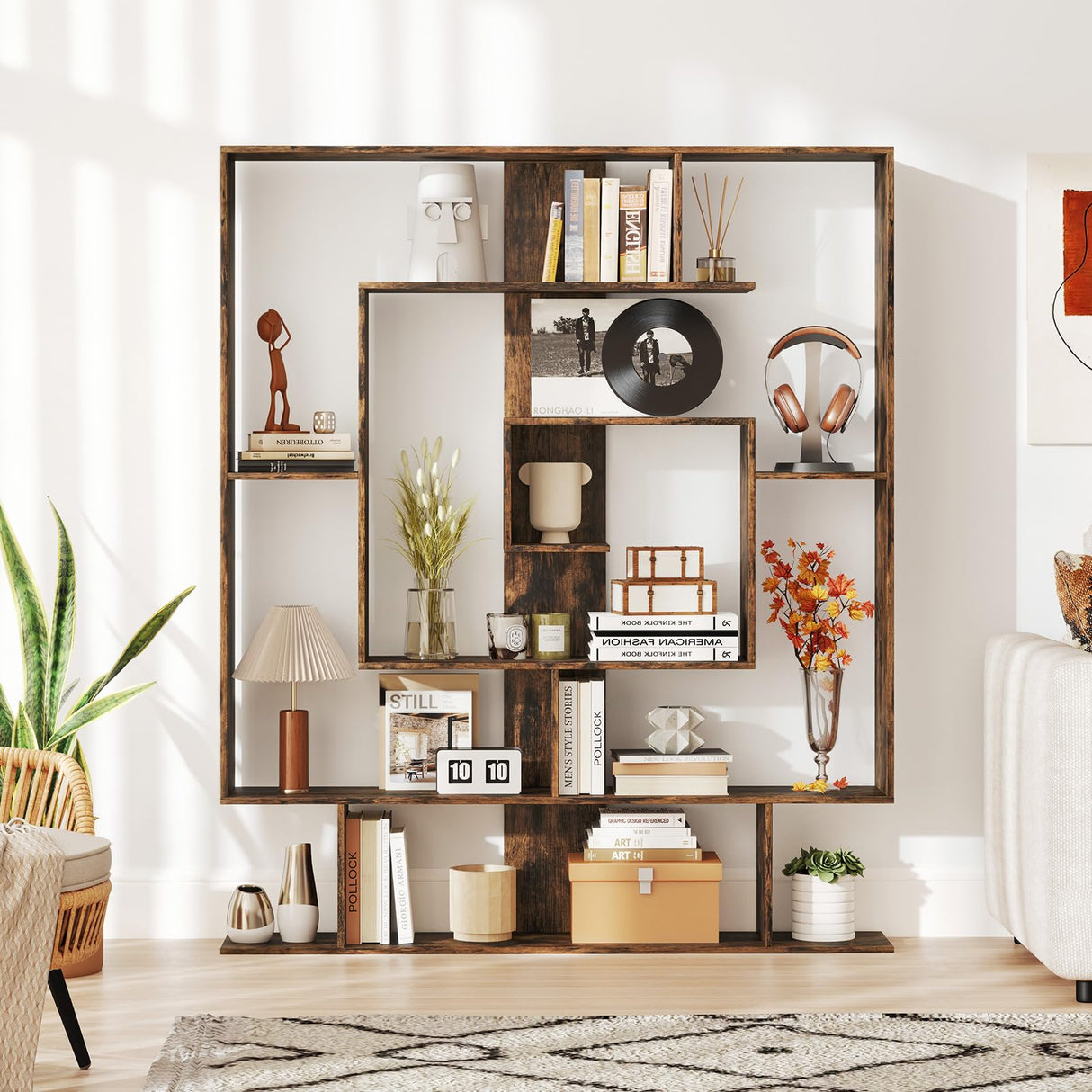 Giantex 7-Tier Geometric Bookshelf, Modern Bookcase with Open Shelves, Freestanding Display Shelf with Anti-Tip Kit, Storage Rack for Living Room Bedroom Study, 49.5''L x 8.5''W x 59''H (Rustic Brown) Giantex