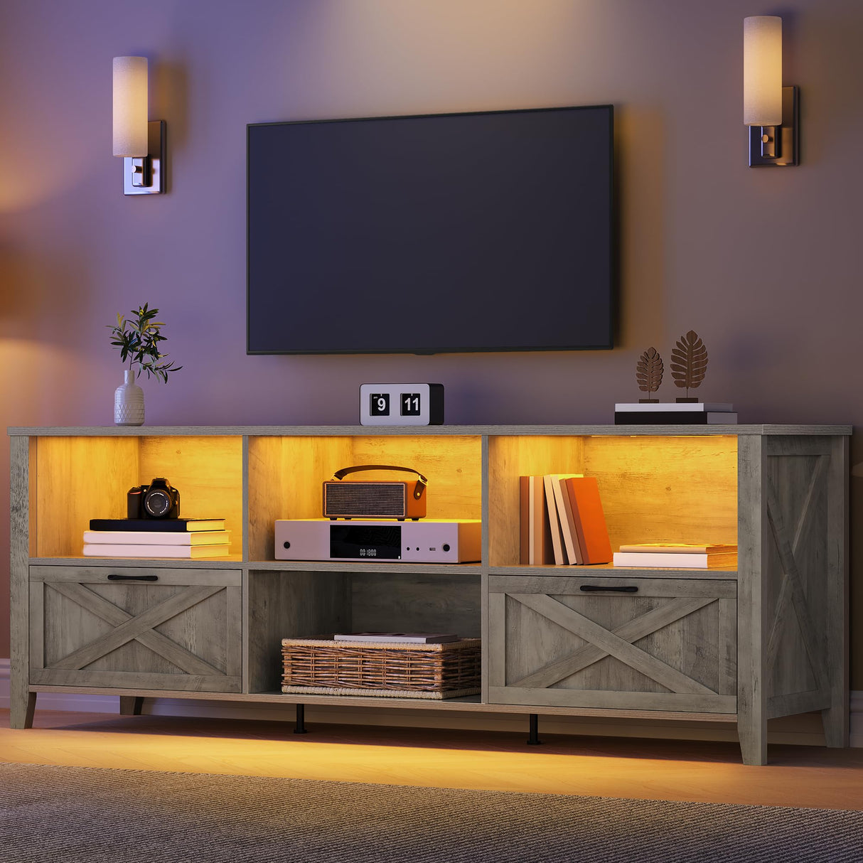 YITAHOME 70 Inch Farmhouse TV Stand with LED Lighting, Fits TVs up to 80 Inches, Media Console with Storage and Customizable Divider, Entertainment Center for Living Room (Grey) YITAHOME