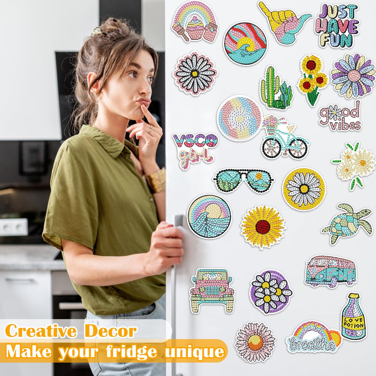 ZYNERY 24 Pcs Summer Magnets, Refrigerator Magnets Sunflower Beach Art, Mini Diamond Painting Kits, Decorative Magnets 5D Diamond Painting for Adults Home Decor DIY Crafts Gift ZYNERY