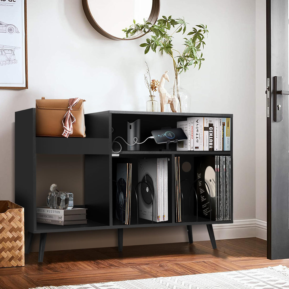 Record Player Stand with Charging Station & USB Ports, Mid-Century Turntable Stand Table Holds Up to 300 Albums, Vinyl Record Storage Cabinet with Wood Legs for Living Room Office (Black) Oubayajia