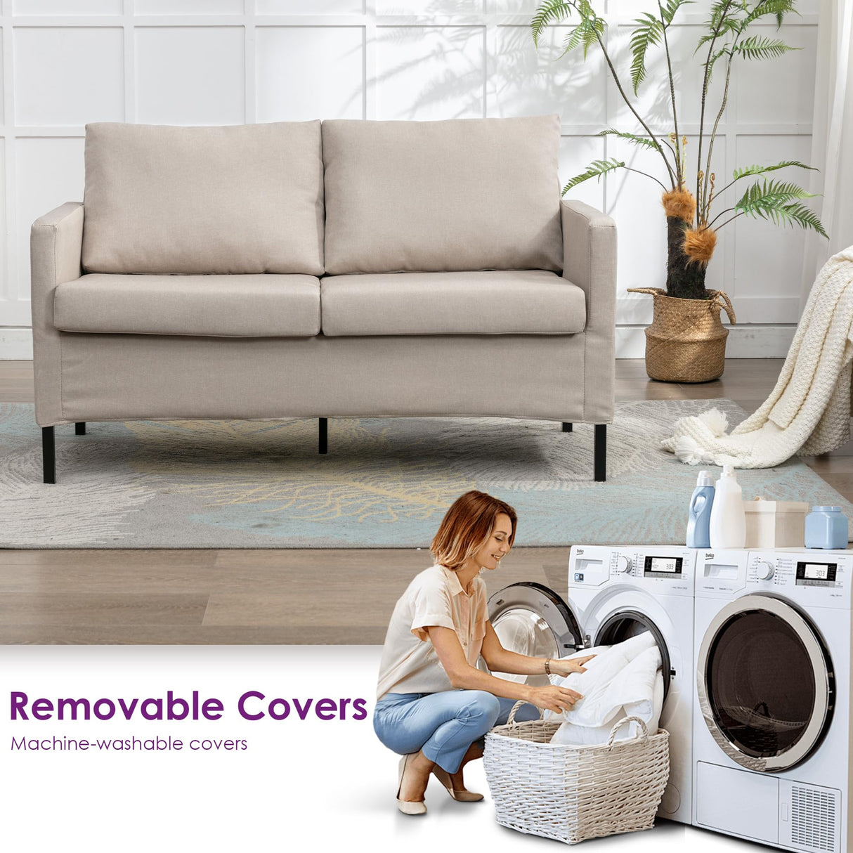 TYBOATLE Fabric Modern Small Loveseat Sofa Couch for Living Room, 51 Inch Upholstered 2-Seater Love Seats w/Iron Legs for Compact Small Space, Apartment, Bedroom, Dorm, Office (Beige) TYBOATLE