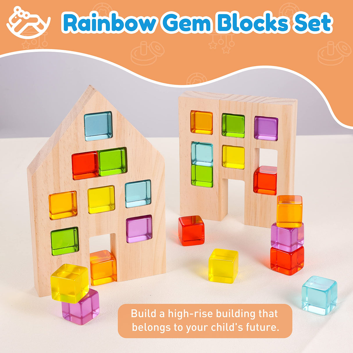 Woodtoe Montessori Weaning Table and Chair Set for Toddler, Natural Solid Wooden Kids Table Cube Chair for Boy Girl, with Rainbow Acrylic Gem Cubes Blocks, 24 PCS Montessori Wooden Building Blocks Set Woodtoe