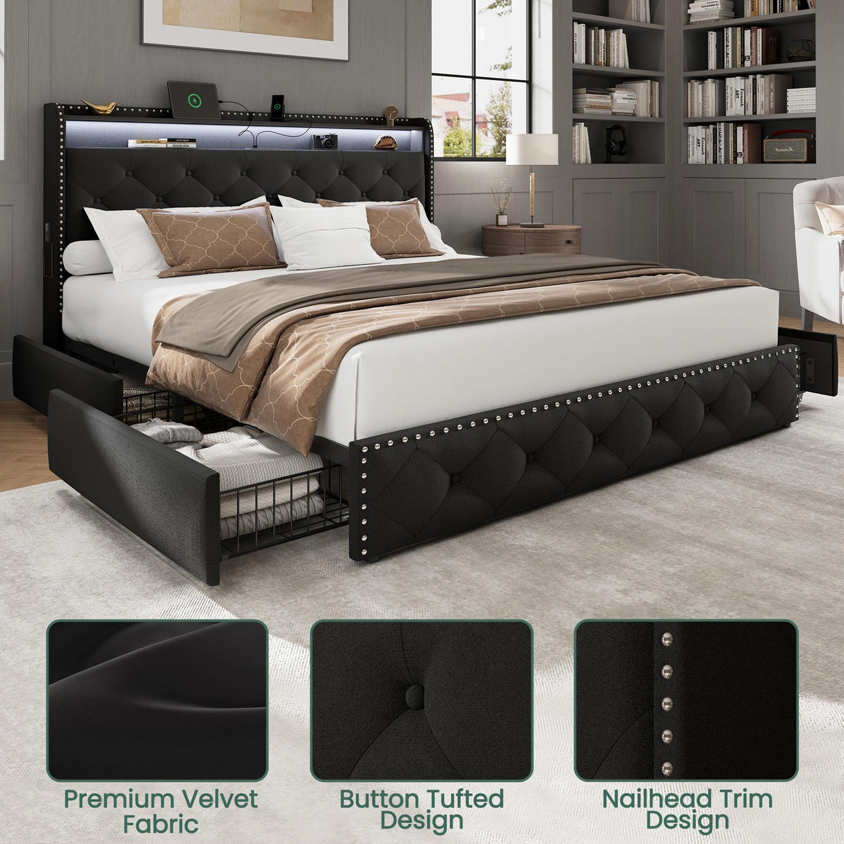 LARMACE Queen Size Bed Frame with Storage & LED Lights & USB Charging Station, Velvet Upholstered Platform Bed with Headboard and 4 Drawers, No Box Spring Needed, Easy Assembly, Black LARMACE