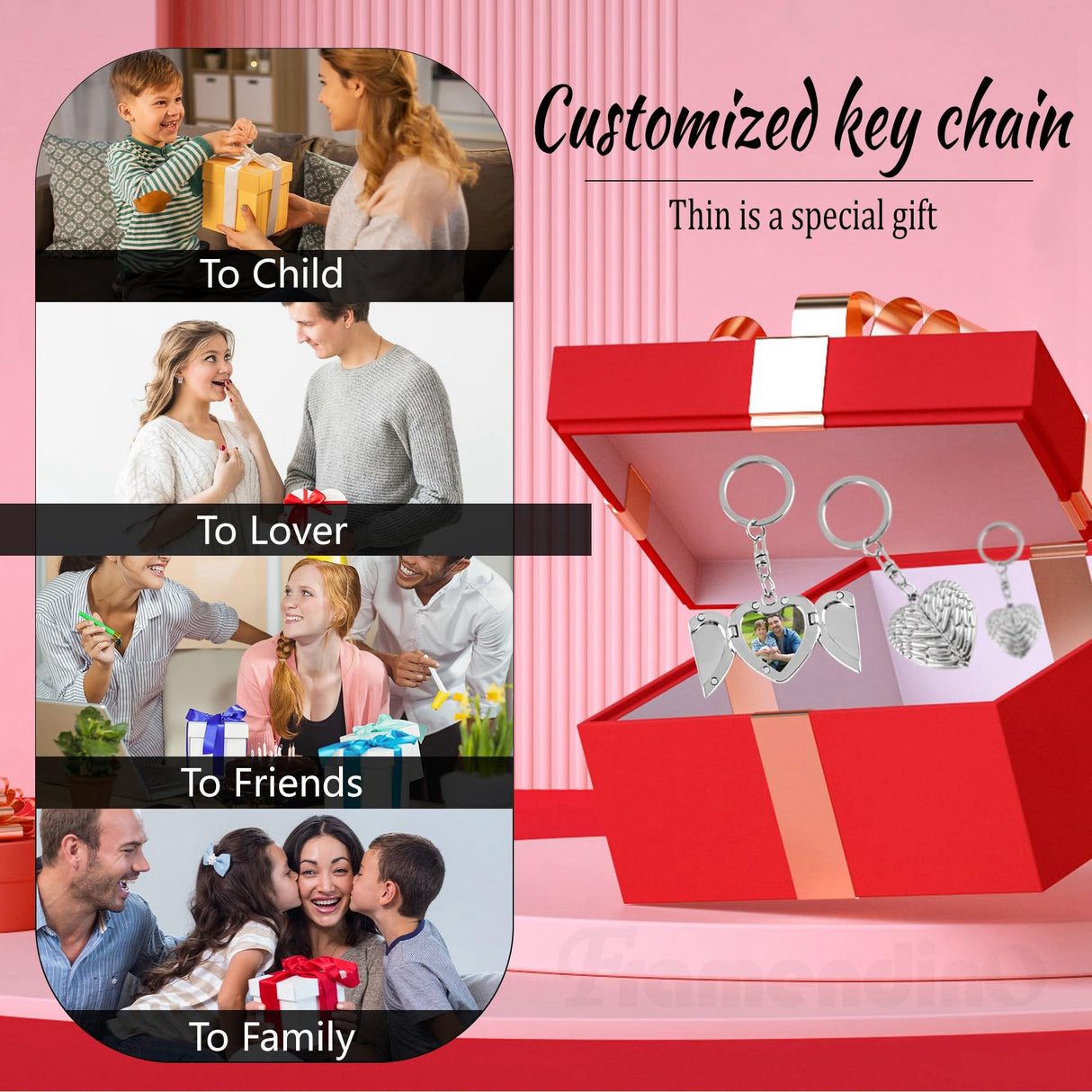 Framendino, 5 Pack Sublimation Angel Wing Keychains Blanks Heat Transfer Love Heart Pendants Charms Locket Photo Frame Key Chains Custom Personalized Picture Keychain Silver Framendino