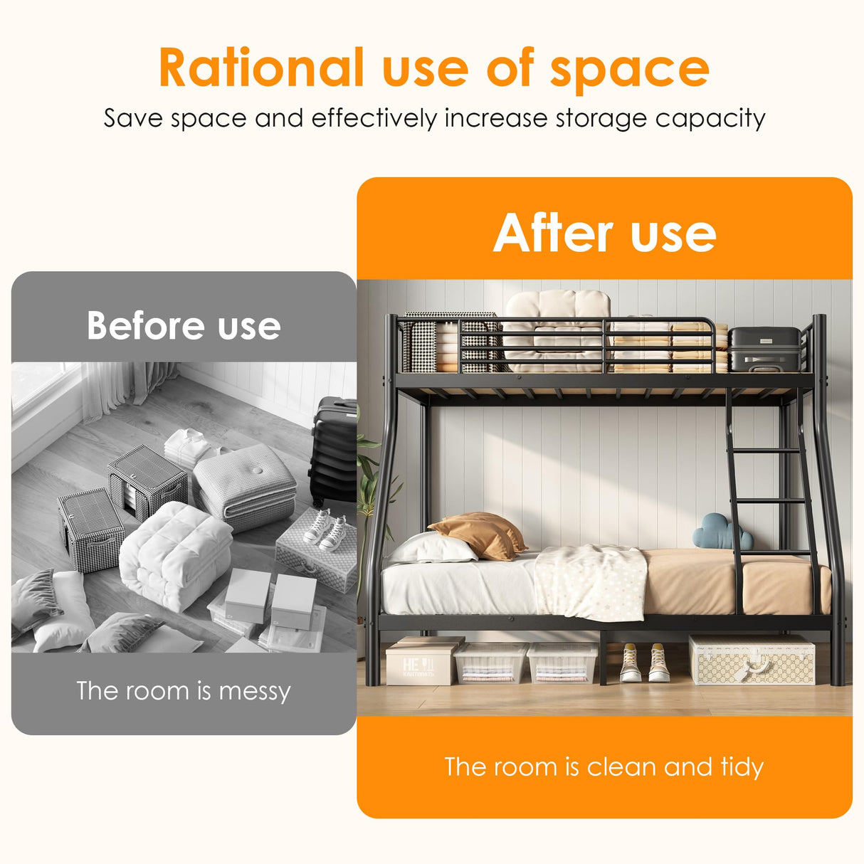 SDHYL Bunk Beds Twin Over Full Size, Heavy Duty Metal Bunk Bed Frame with Ladder & Guardrail, for Teens Adults, Space-Saving & No Box Spring Needed, Black SDHYL