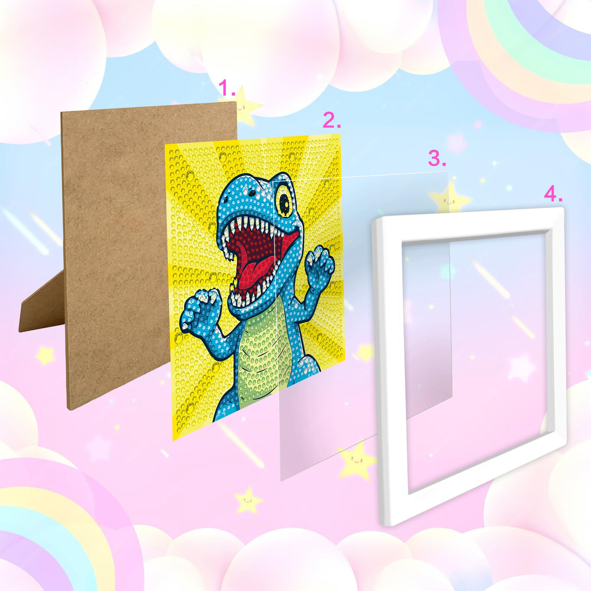 Reofrey Diamond Art Kits for Kids with Frame, DIY Dinosaur Animal Diamond Painting Kits, Arts Crafts Gift for Girls & Boys Ages 4,5,6,7,8,9,10,11,12, Creative Educational Toy for Beginners (7x7 Inch) Reofrey